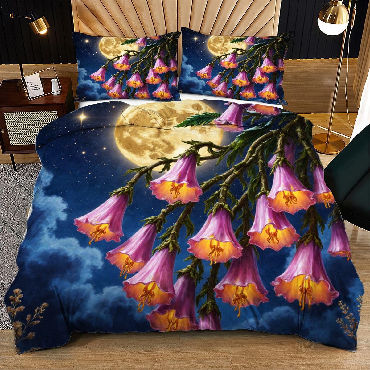 Housse de couette 160x200 fleurs violettes avec parure de lit 3 pièces O70