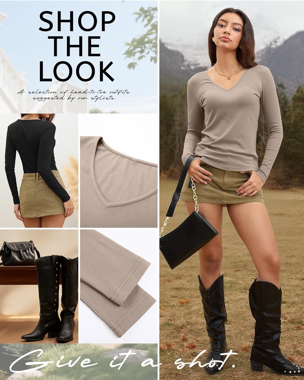 Ficerd 3 Pack Women's Long Sleeve T Shirts Cotton V Neck Slim Fit Tops Ribbed Knit Layering Casual Basic Tees Fall - Image 6