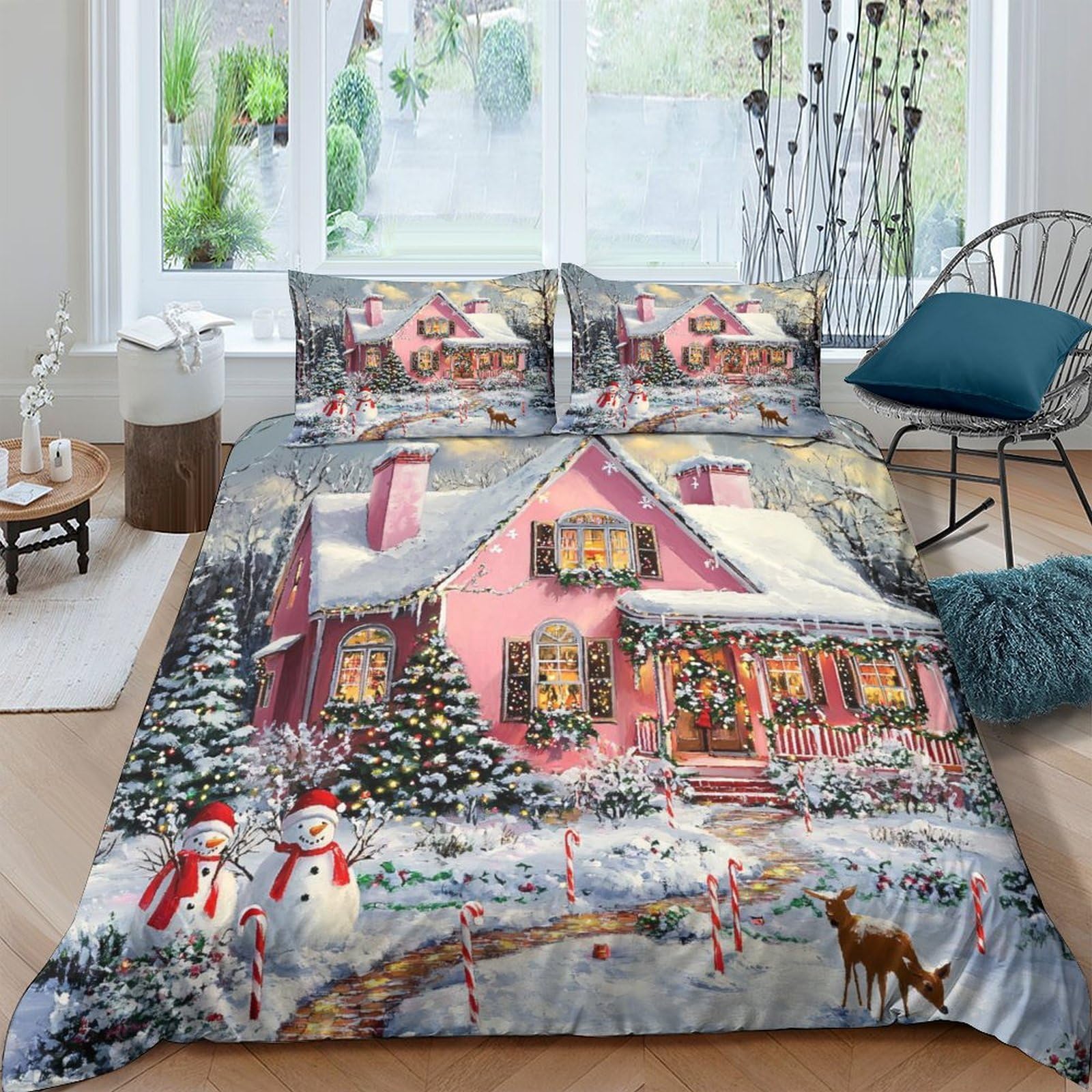 Ctjqhvkz Style-4 3D Printed Winter Snow House Fitted Sheet Microfiber Soft Christmas Village Bed Cover For Bedroom Guest Room Decor Single（135X200cm）