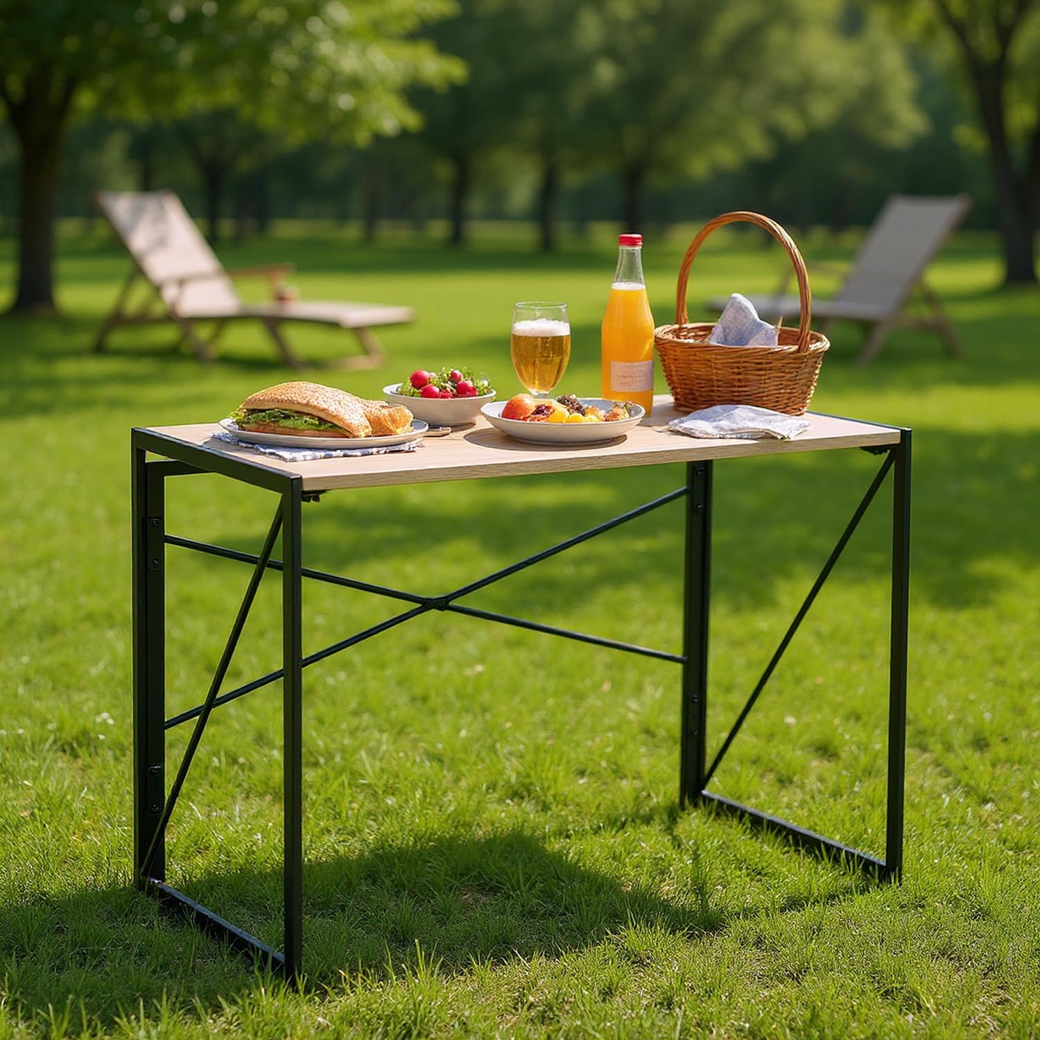 FurnitureR Garden Service Tables, Indoor/Outdoor Table, MDF and Metal Frame, No Assembly Required, Portable Camping for Picnic BBQ Barbecue, Garden, 100x50x75cm, Oak