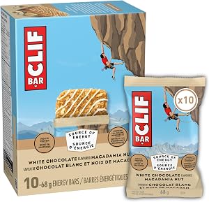 Barres Énergétiques CLIF BAR, Chocolat Blanc et Noix de Macadamia, Barre Granola, Riche en protéines, Contient 70% d'ingrédients biologiques, 680 g (Paquet de 10)
