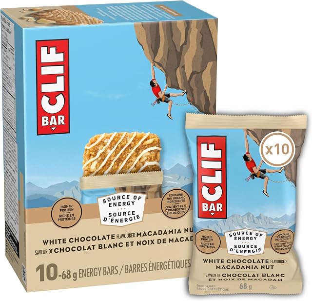 Barres Énergétiques CLIF BAR, Chocolat Blanc et Noix de Macadamia, Barre Granola, Riche en protéines, Contient 70% d'ingrédients biologiques, 680 g (Paquet de 10)