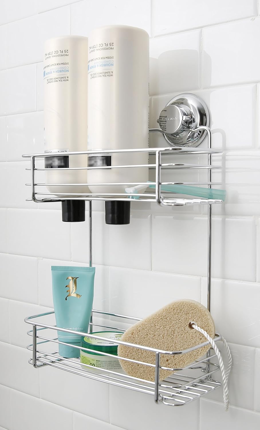 BINO SMARTSUCTION Chrome Shower Caddy, 2-Tier Shelf