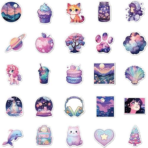 Miniatura 2 de 50 calcomanías de fantasía mágica de medianoche Kawaii para botellas de agua para niños, adolescentes, niñas, calcomanías moradas, calcomanías