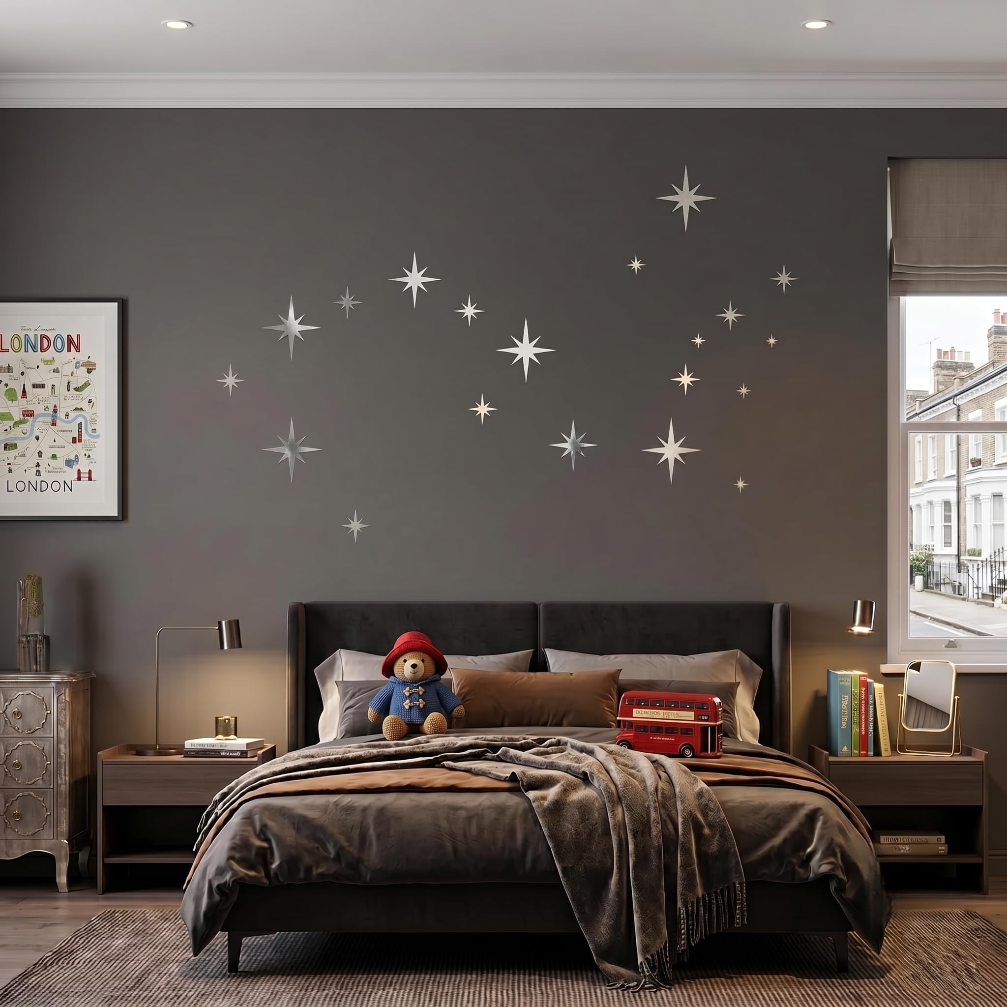 82 Pcs Silver Star Mirror Wall Stickers, Acrylic Mirror Decals, Stick on Mirrors for Walls, Removable DIY Art Decor for Kids Bedroom and Nursery, High Shine Self Adhesive