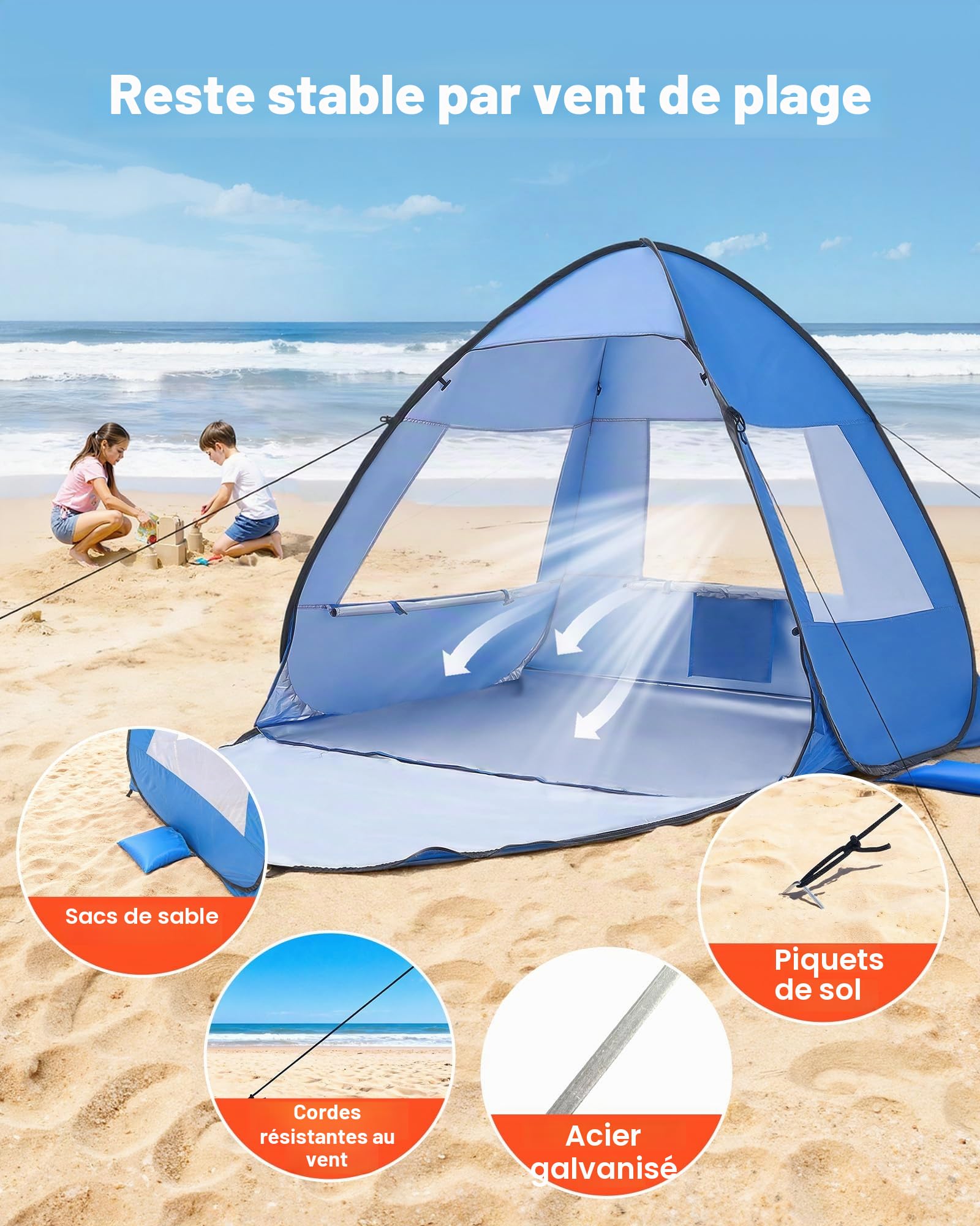VEVOR Tente de Plage Portable pour 2 Personnes, Abri de Plage Anti-UV Protection UPF 50+, Auvent de Camping Pêche Pique-niques en Plein Air, Abri Soleil avec Sac de Transport et Poches à Sable