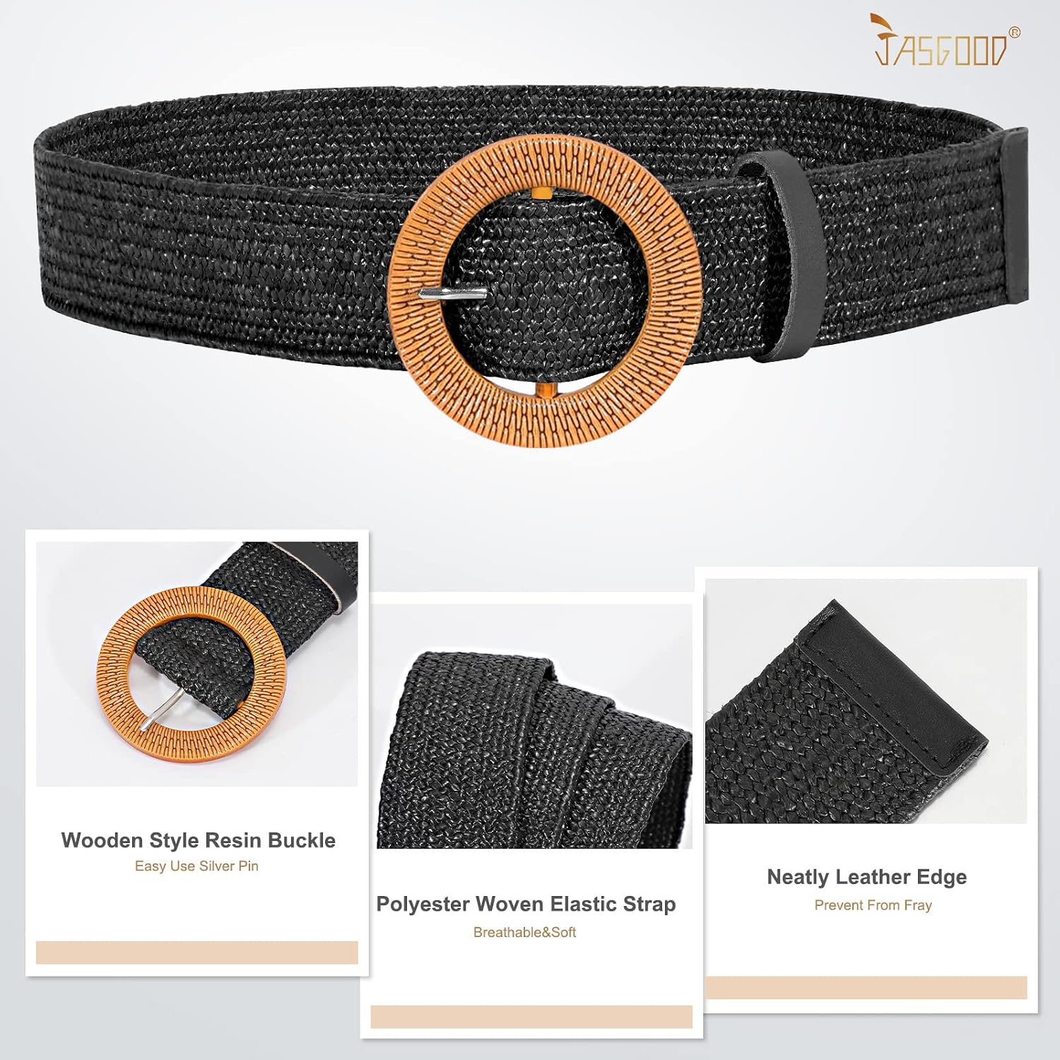 JASGOOD Straw Woven Elastic Stretch Belts Women Raffia Dress Waist Band Boho Ladies Braided Dress Belts image 5