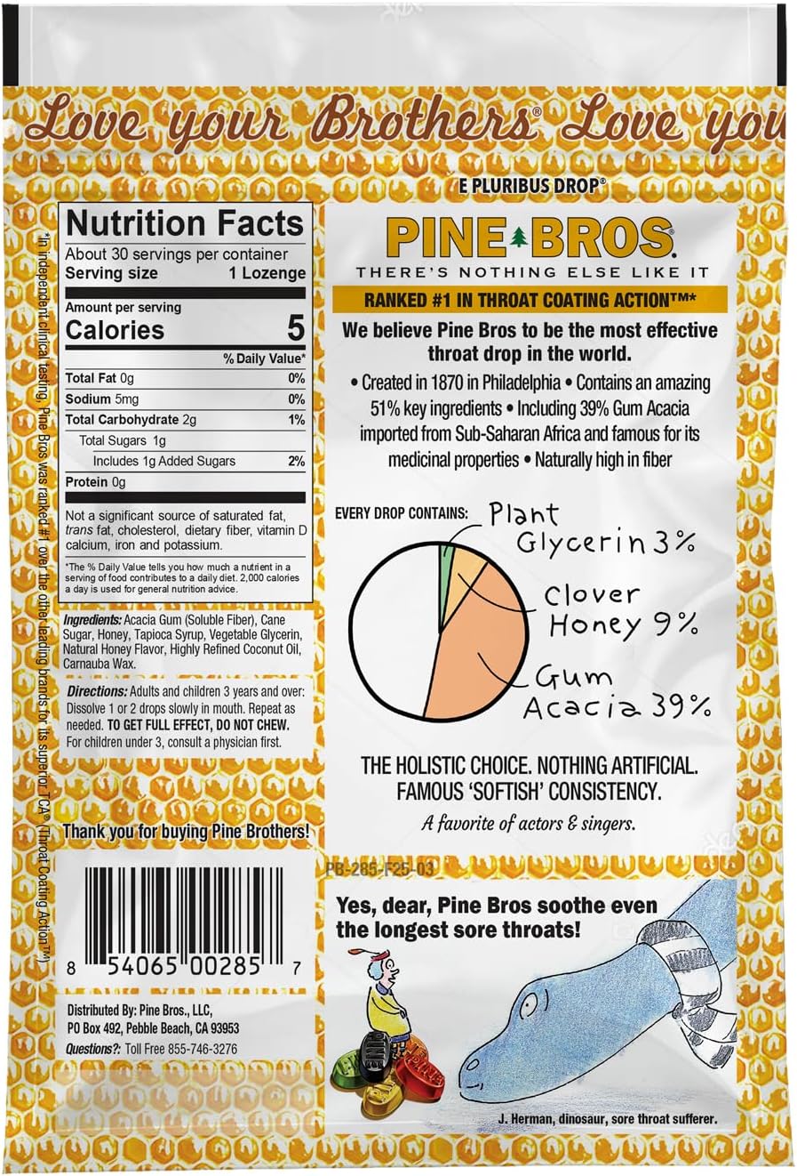 Pine Bros. Honey Drops for Adults, Softish Throat Lozenges with Honey for Throat Comfort, Natural Candy Texture, Gluten Free, 30 Count, 24 Bags