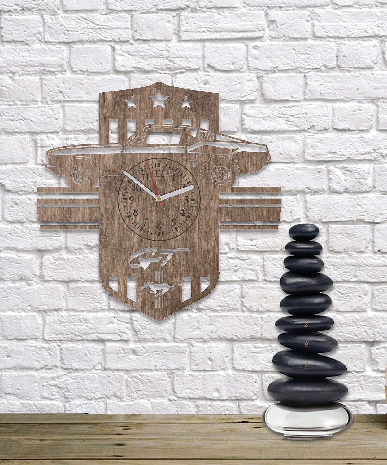 Wooden Clock Mustang for Men Mustang Room Decor Mustang Minimalist Decor Ford Mustang Wall Clock Ford Mustang Wooden Wall Clock for Boys Mustang Wall Decals (Brown)