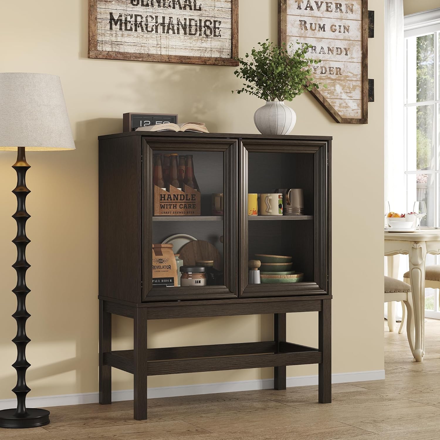 Sideboard Buffet Cabinet with Storage, Large Kitchen Coffee Wine Bar Cabinet with Glass Press-to-Open Doors, Wood Mid Century Modern Side Board Table for Dining Room, Living Room