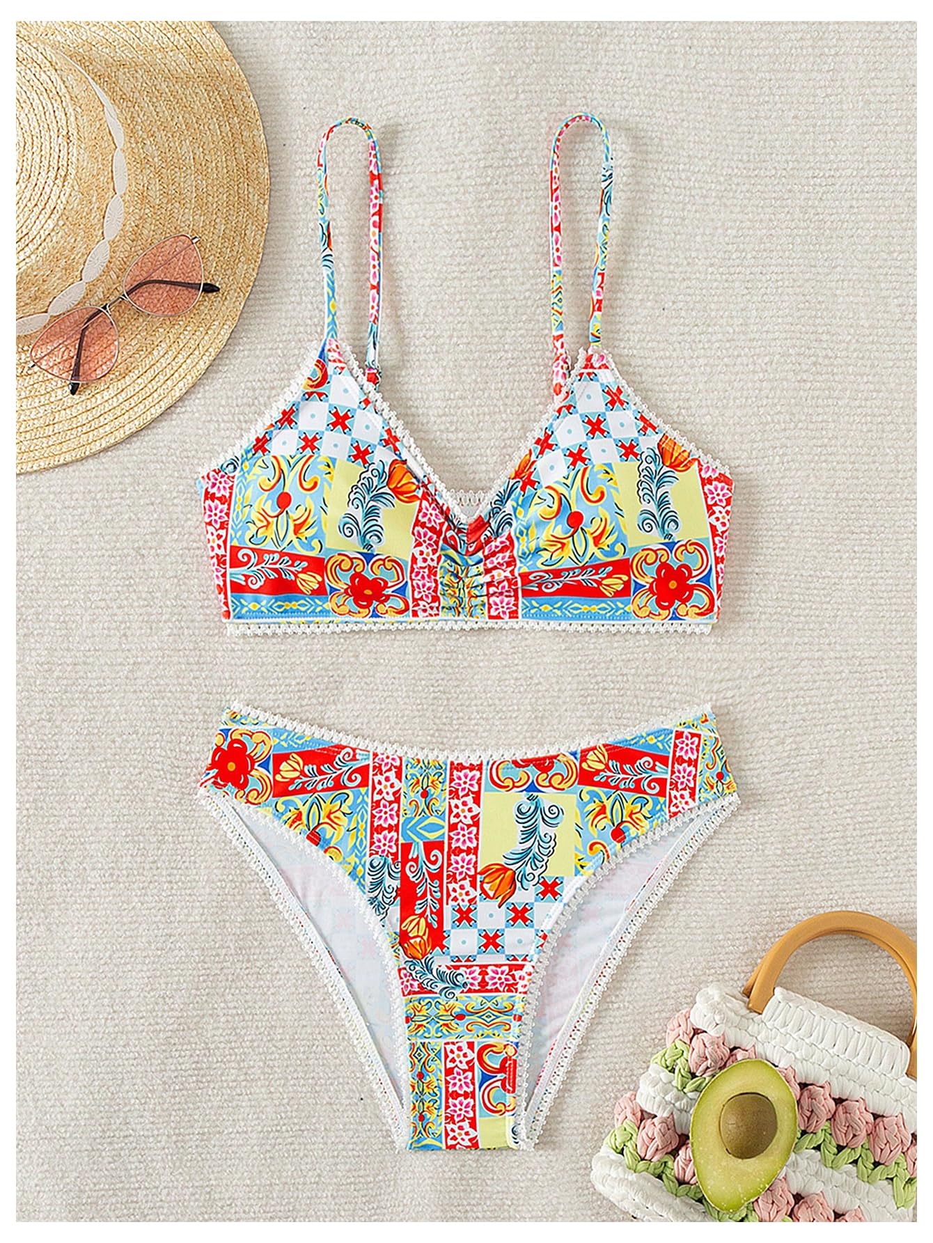 Damskie Boho Spaghetti Z Paskiem Kwiatowy Nadruk Marszczony Strój Kąpielowy Bikini 2-częściowe Stroje Kąpielowe Wielokolorowy Duży