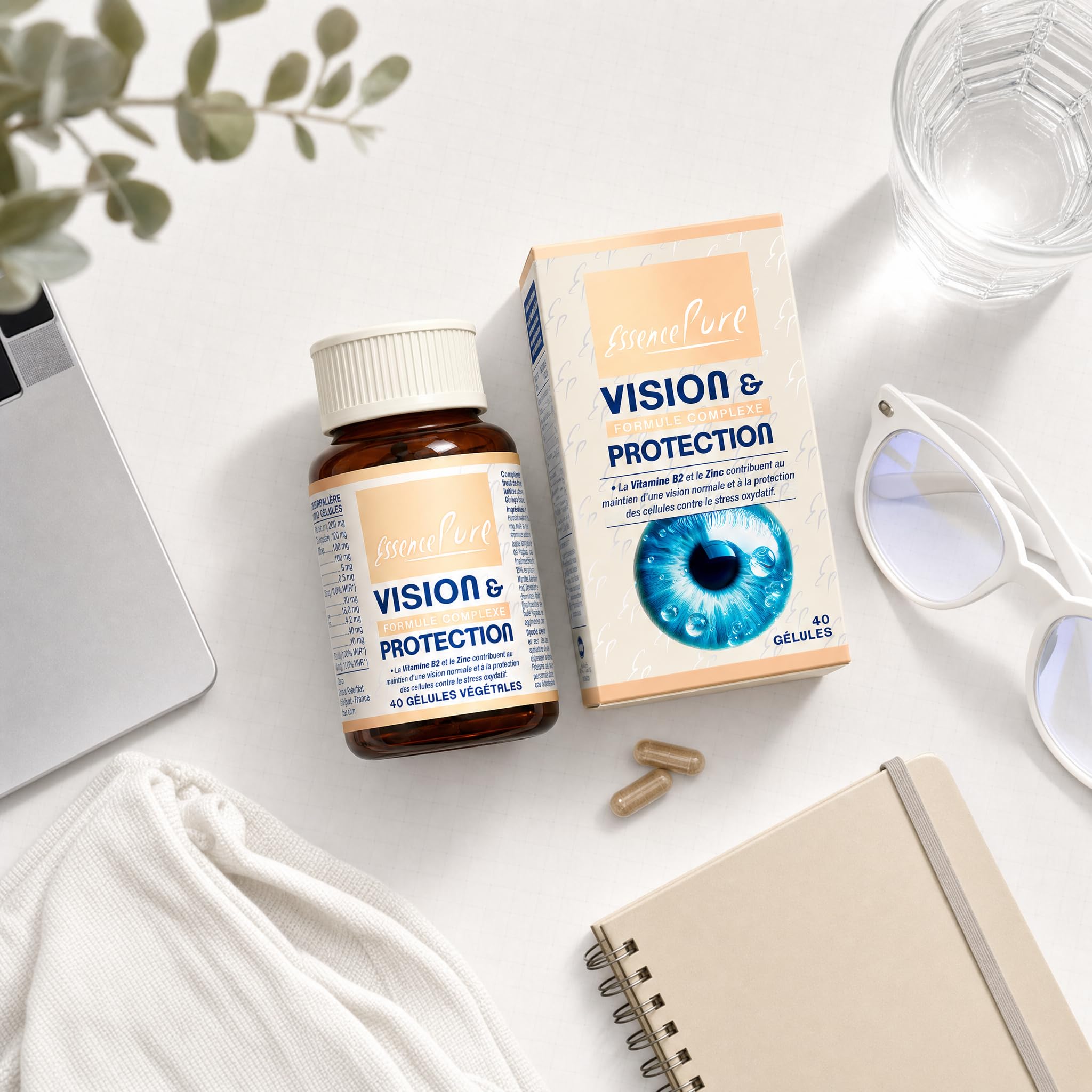 ExceptionHyal® Acide hyaluronique + Puredia seaBerry® Argousier | Lutéine, Zéaxanthine, Myrtille, Ginkgo, Vitamines B2 & D, Zinc | Vision & Protection | 40 gélules | Essence Pure