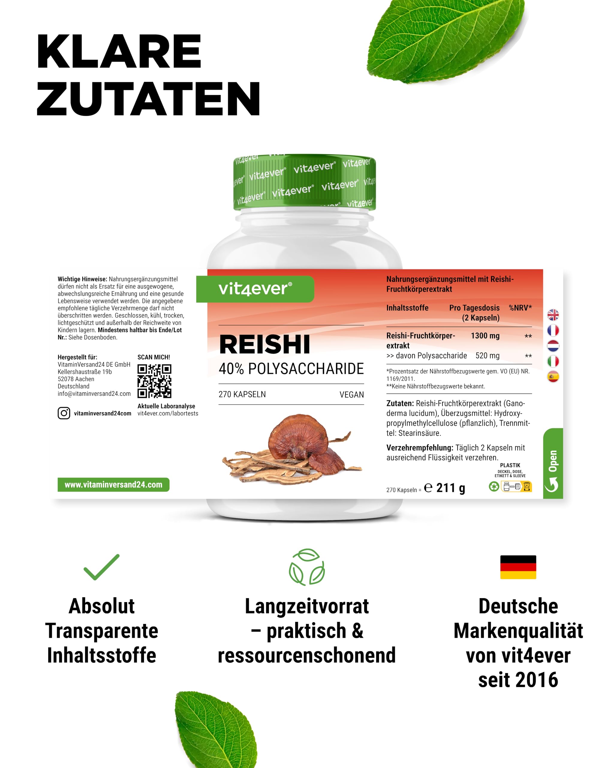 vit4ever Reishi Pilz - 270 vegane Kapseln mit 1300 mg Extrakt pro Tagesdosis - 40 % Polysaccharide - Ganoderma lucidum - hochdosiert, ohne unnötige Zusätze, vegan