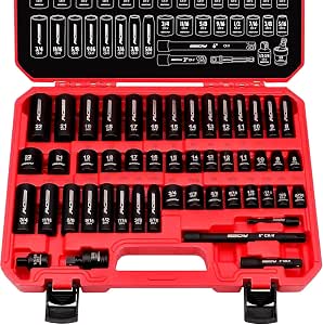 3/8" Drive Impact Socket Set - 49-Piece SAE and Metric with Extension Bars and Universal Joint