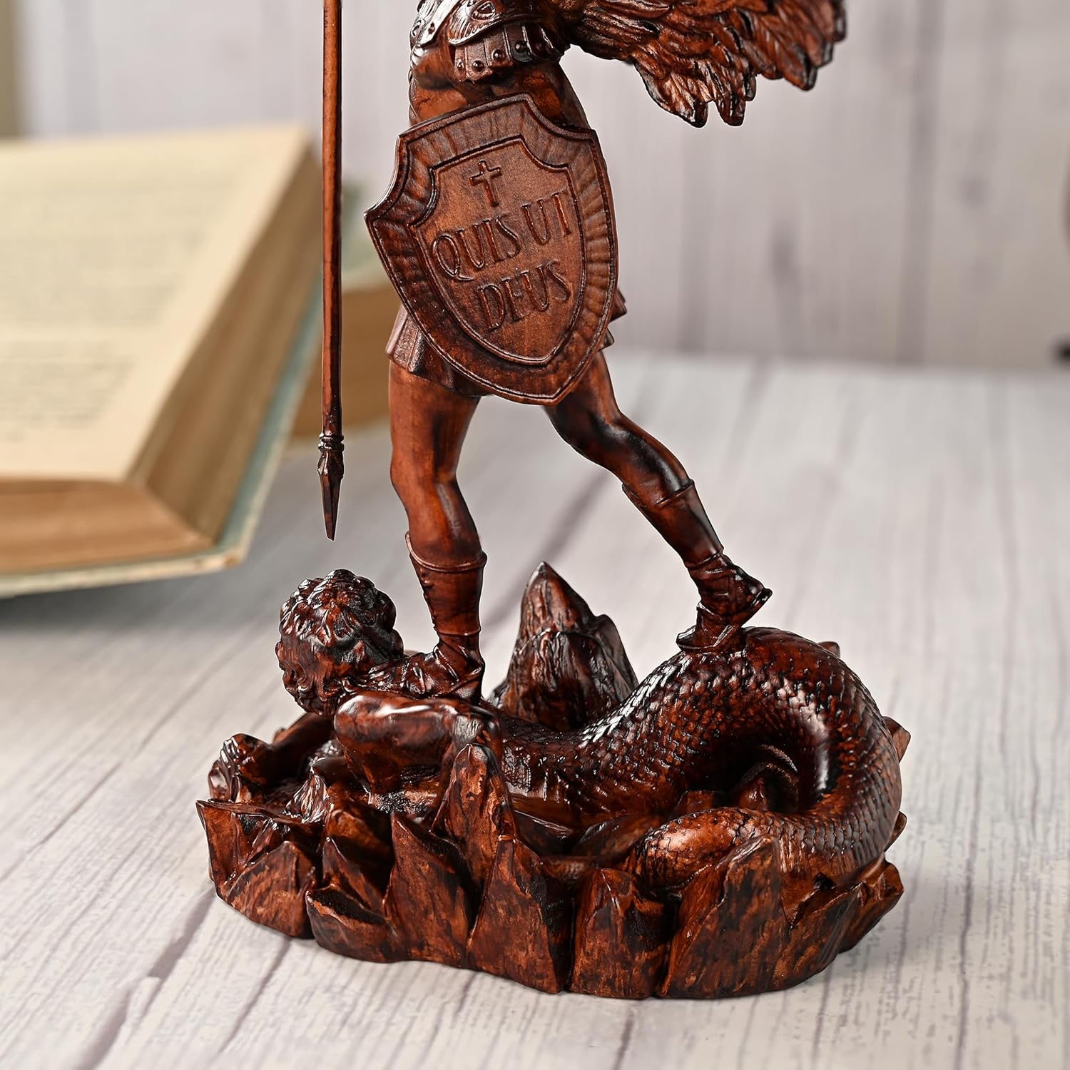 Wooden Archangel Michael Statue, Handmade Saint Michael Statue, St Michael Figurine Archangel Figure Religious Gift for Home Decor Easter Christmas (10 Inch)