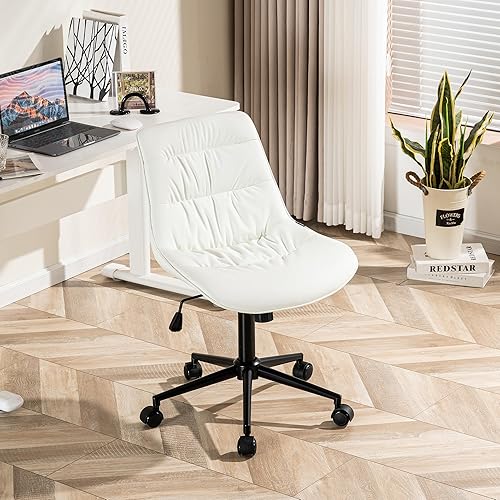 Kidol & Shellder Armless Office Chair Desk Chair Comfy Makeup Vanity Chair with Back Ergonomic Swivel Chair Home Office Desk Chairs with Wheels Rolling Computer Chair Bedroom Accent Chair(White)