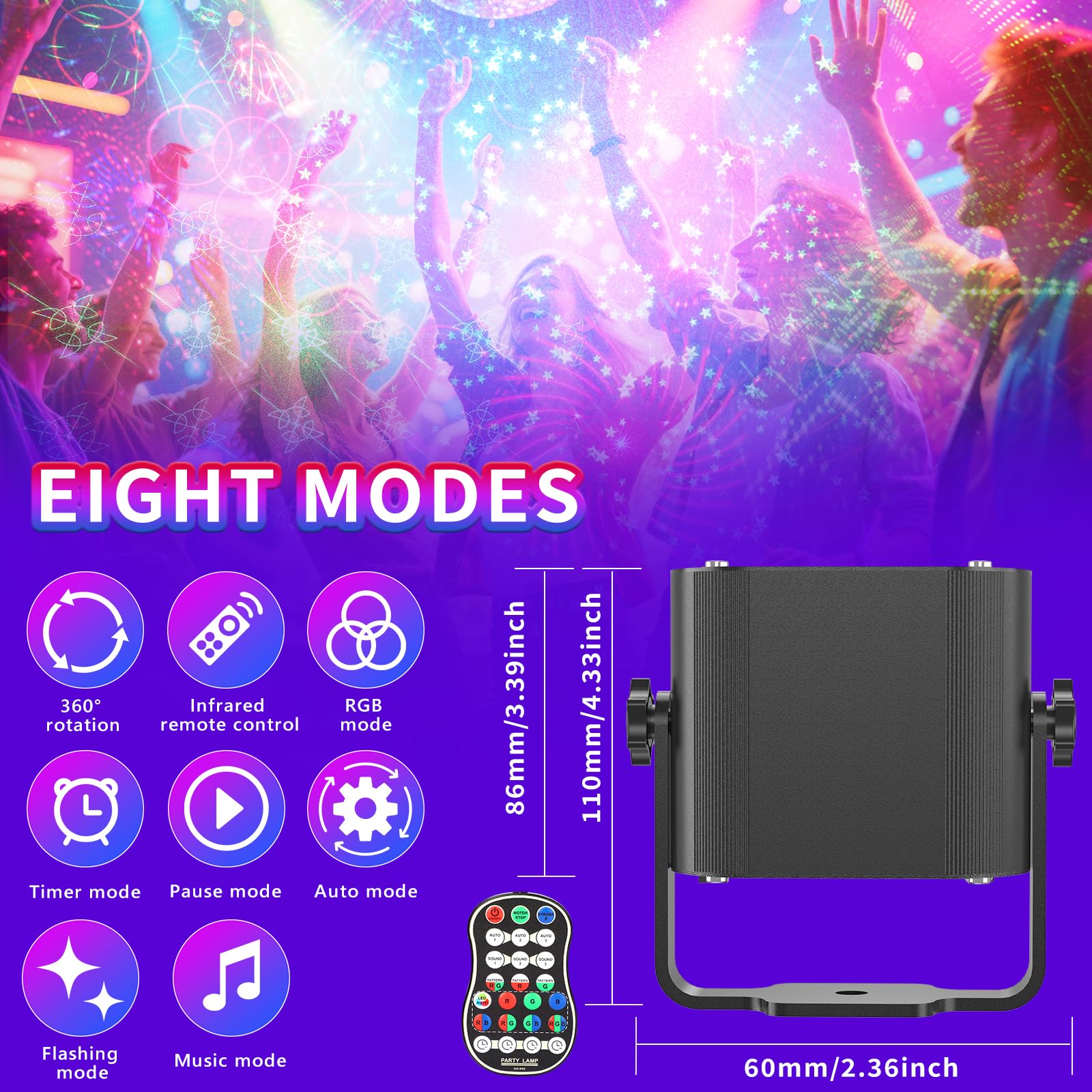 Luz de fiesta Tyonto con disco LED inalámbrico, batería de 4500 mAh y controlada por música. Proyector de 60 patrones, efecto estroboscópico, control remoto y cable USB de 2 m, ideal para fiestas