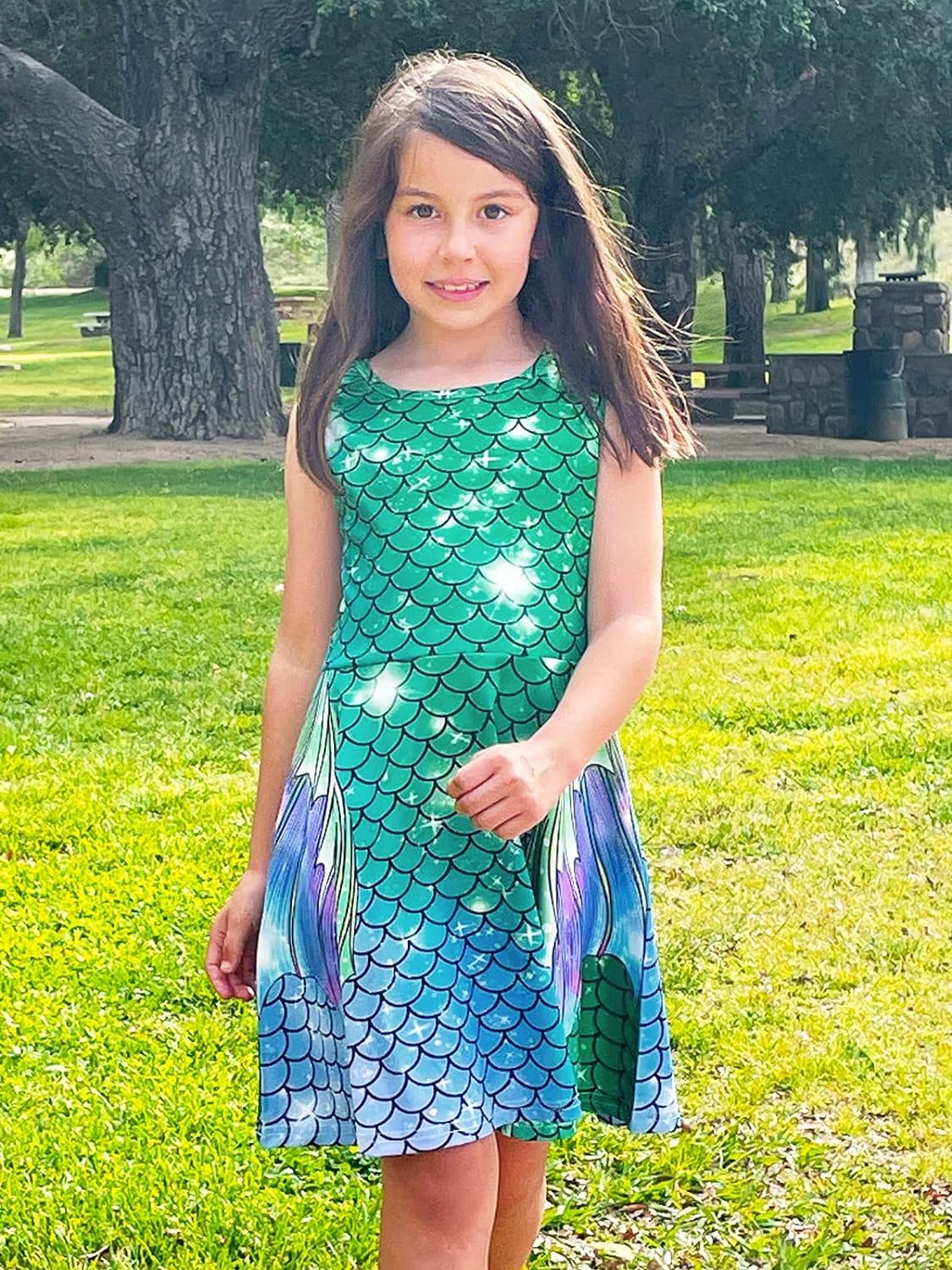 Kids4ever Robe d'été sans Manches pour Fille de 4 à 12 Ans Imprimé 3D Col Rond Robe Trapèze Robe de Princesse Sirène de Fête Galaxie