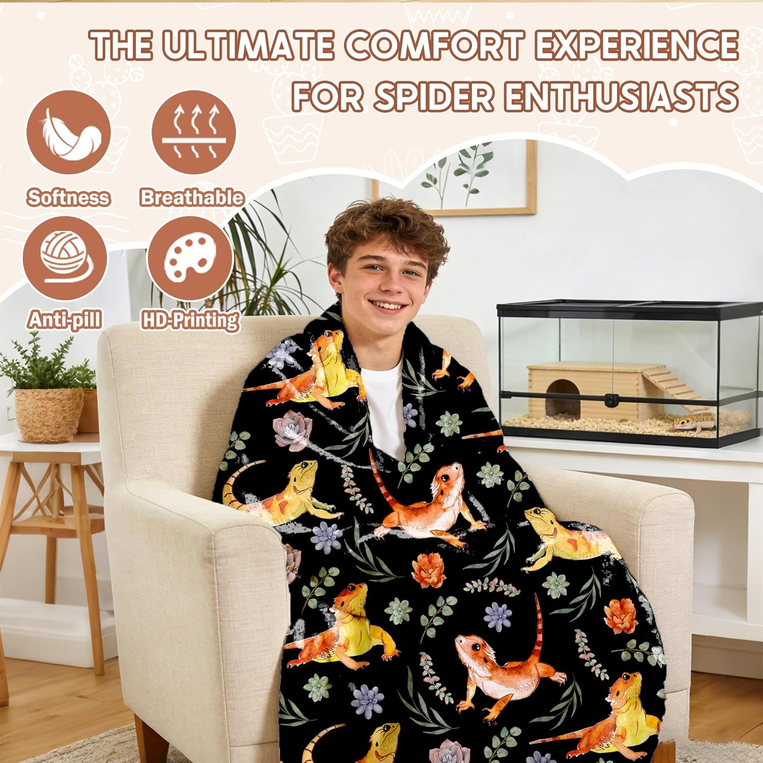 Bearded Dragons Blanket, Bearded Dragon Themed Gifts,Soft Plush Flannel Lizard Throw Blanket for Kids Adults, Reptile Blankets for Boys Girls,Reptile Decoration Accessories for Room,40" x 50" - Image 4