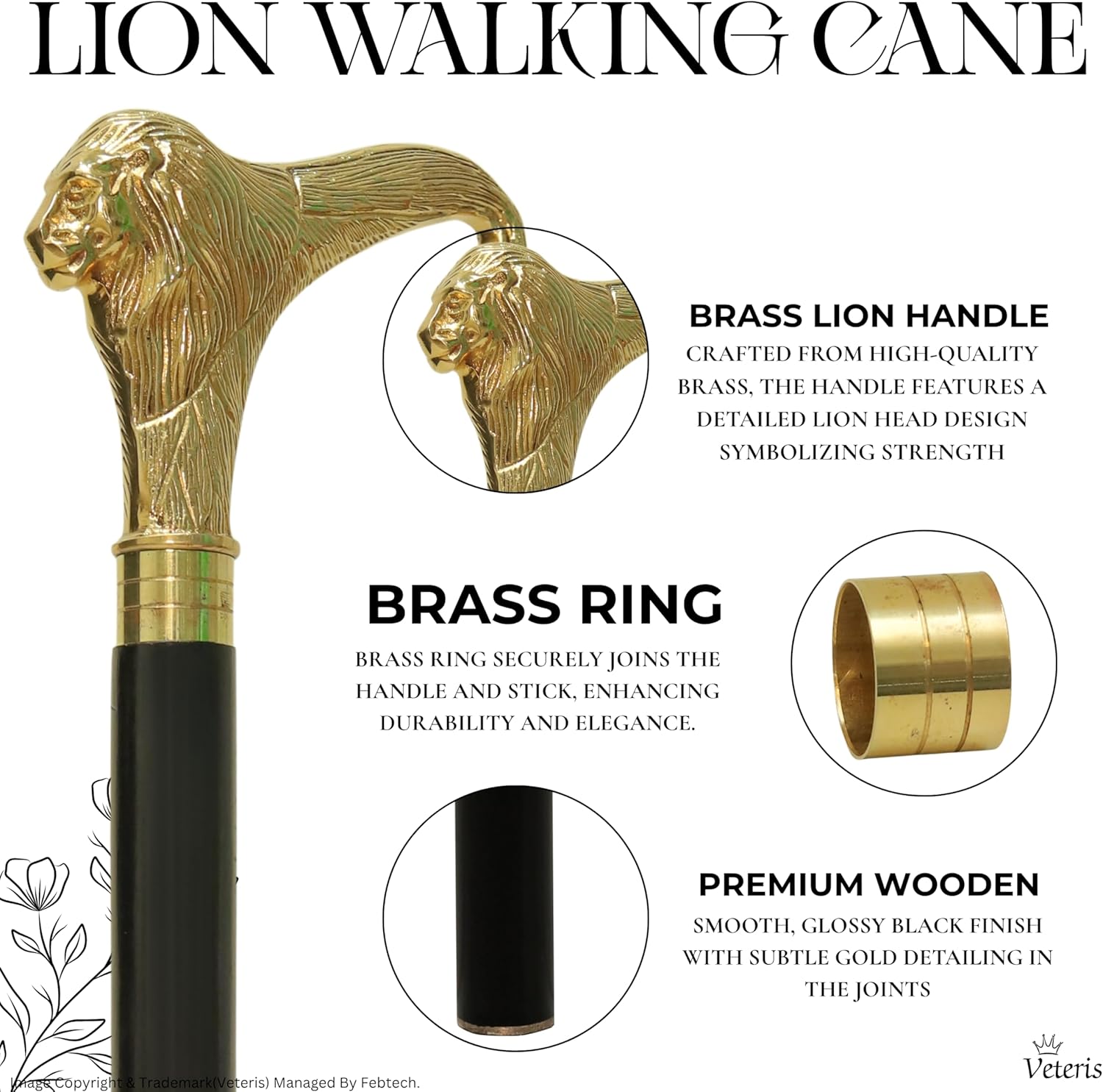 Walking Cane with Brass Lion Handle 38.5 Inch Decorative Wooden Cane for Men Stylish & Sturdy Walking Stick for Gifting