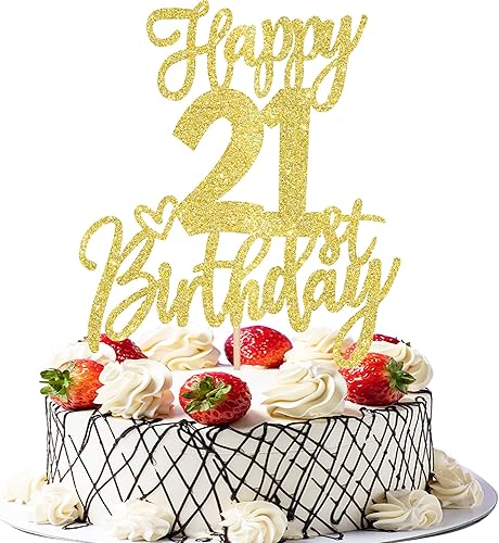 1 pieza de decoración de pastel de feliz cumpleaños 21 con purpurina y alegría a 21 años, selección de pastel de 21 años, fabulosa decoración de