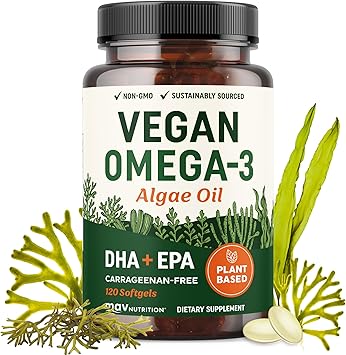 Vegan Omega 3 Algae Oil | Plant Based DHA EPA | Sustainably Sourced, No Carrageenan | Heart, Brain & Eye Health Support | Fish Oil Alternative | Omega 3 Fatty Acid Supplements | 120 Softgels