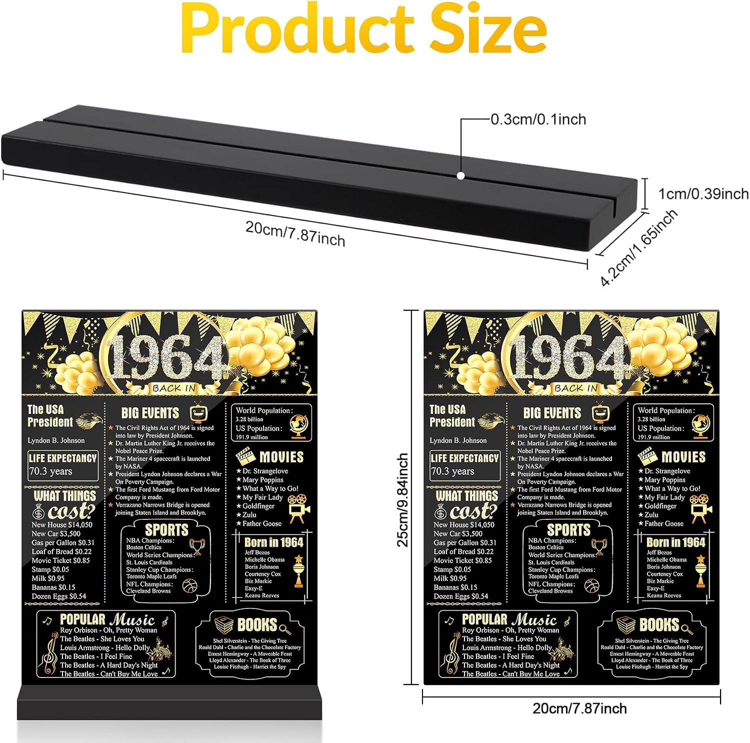 62th Birthday Decorations Women Men, Black Gold Back in 1964 Birthday Poster Acrylic Table Sign with Stand, 62th Anniversary Decor Gifts for Men, Vintage 62 Year Old Party Supplies Decorations image 2