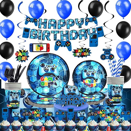 Miniatura 1 de Mpanwen Suministros de fiesta de videojuegos azules – 212 piezas de decoración de fiesta de juegos para niños – cubierta de mesa, platos, vasos,