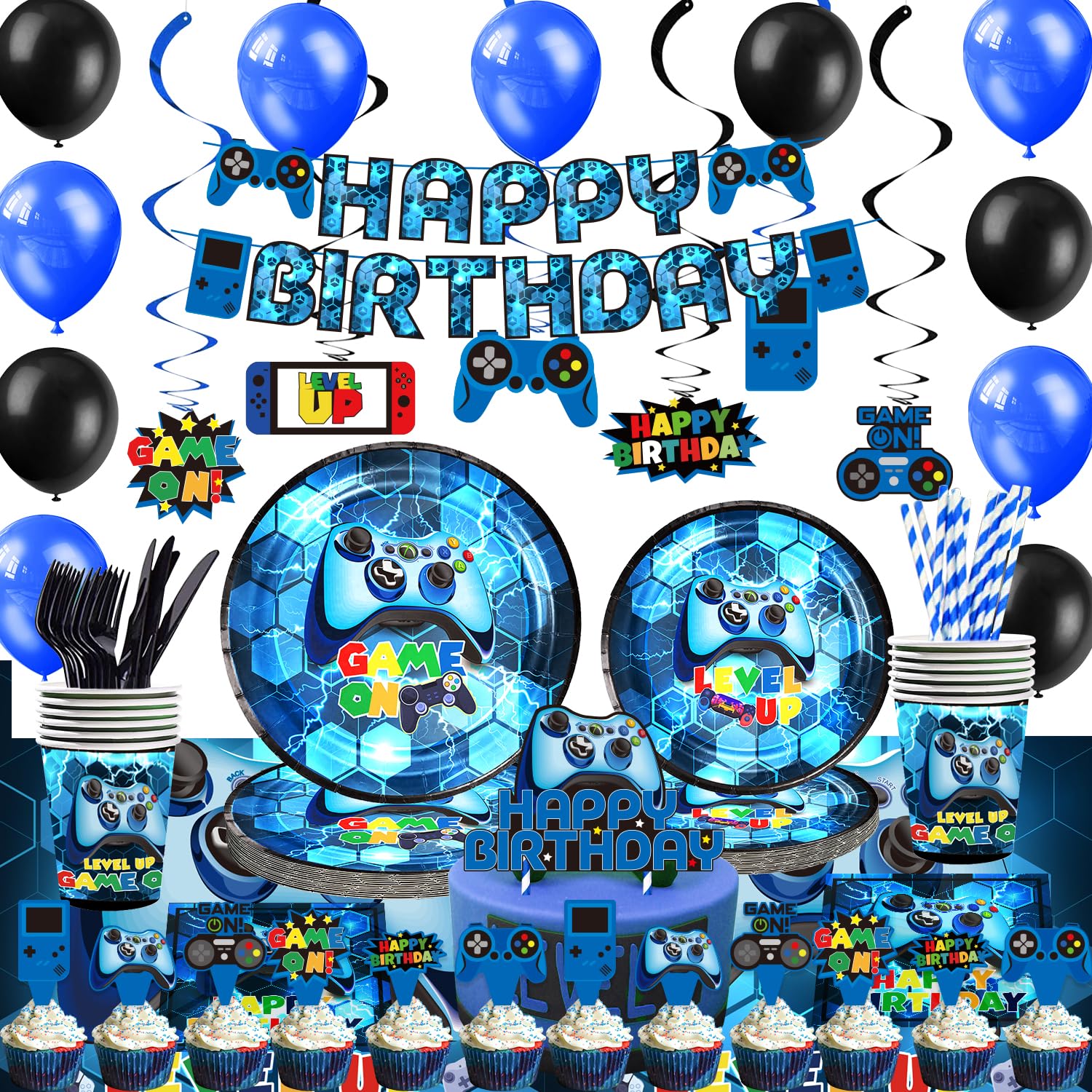Mpanwen Blue Video Game Party Supplies - 212Pcs Gamer Gaming Party Decoration For Boys Birthday Party - Table Cover, Plates, Cups, Napkins, Utensils,