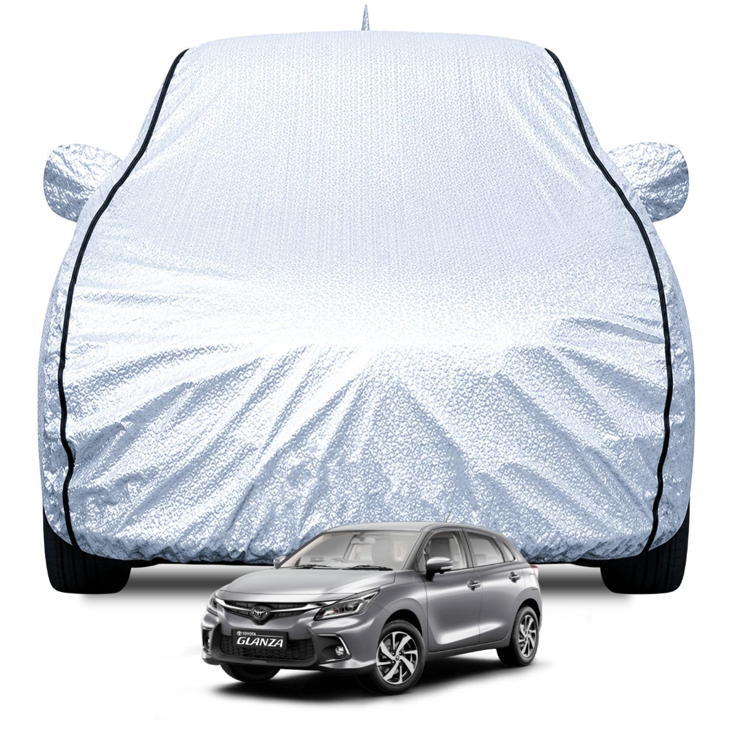 FABTEC Waterproof Car Body Cover for Toyota Glanza New with Mirror and Antenna Pocket, Soft Cotton Lining, Triple Stitched (Heat Resistant Metallic Silver with Black Piping)