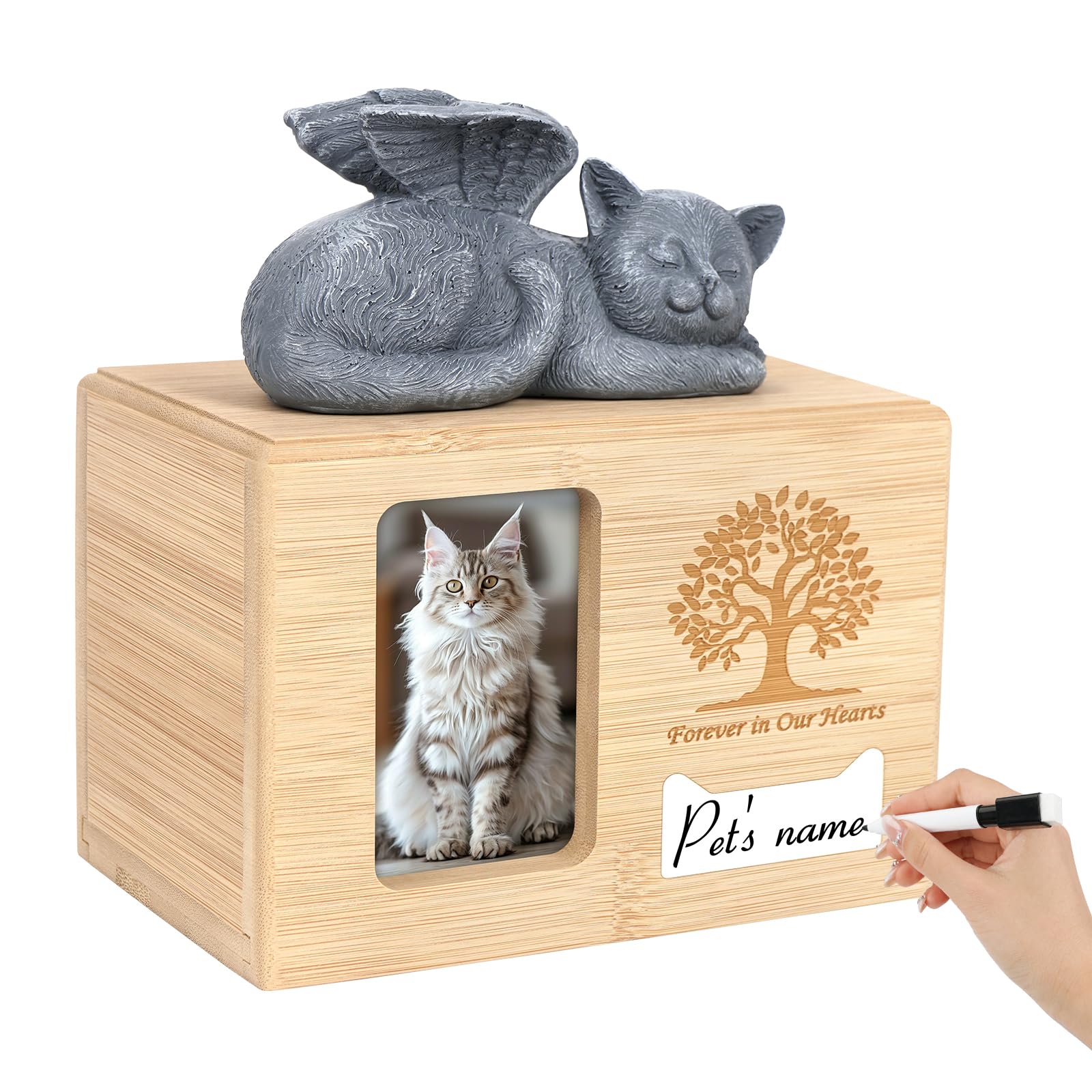 Cat Ashes Box, Bamboo Ashes Box for Cat, Personalised Cat Urn Ashes Holder Casket Keepsake Memorial Gift with Picture Display Window- Cat Angel (Tree of Life)
