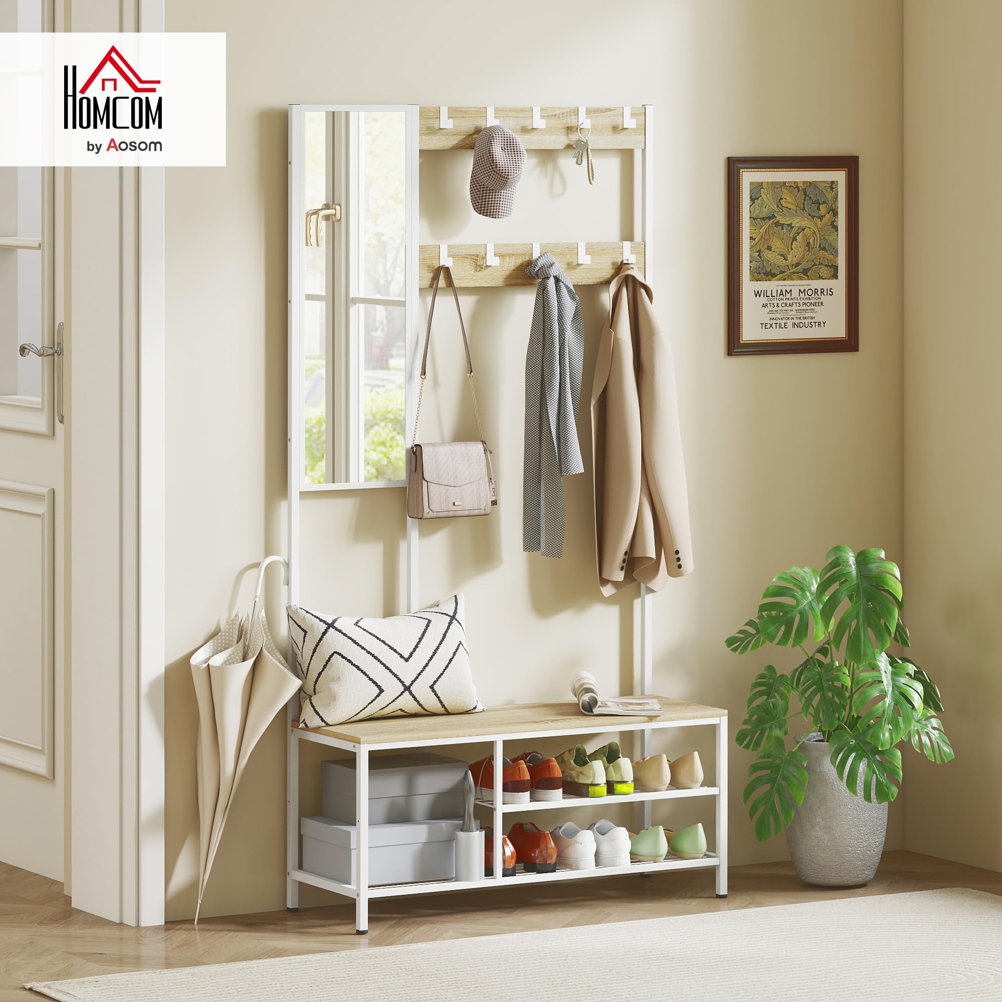HOMCOM Perchero Zapatero con Espejo, 4 en 1, 98x34x186 cm, Madera Natural | Perchero Entrada Recibidor, 3 Estantes, Banco, 10 Ganchos Ajustables, Estilo Moderno, para Pasillo, Dormitorio, Salón