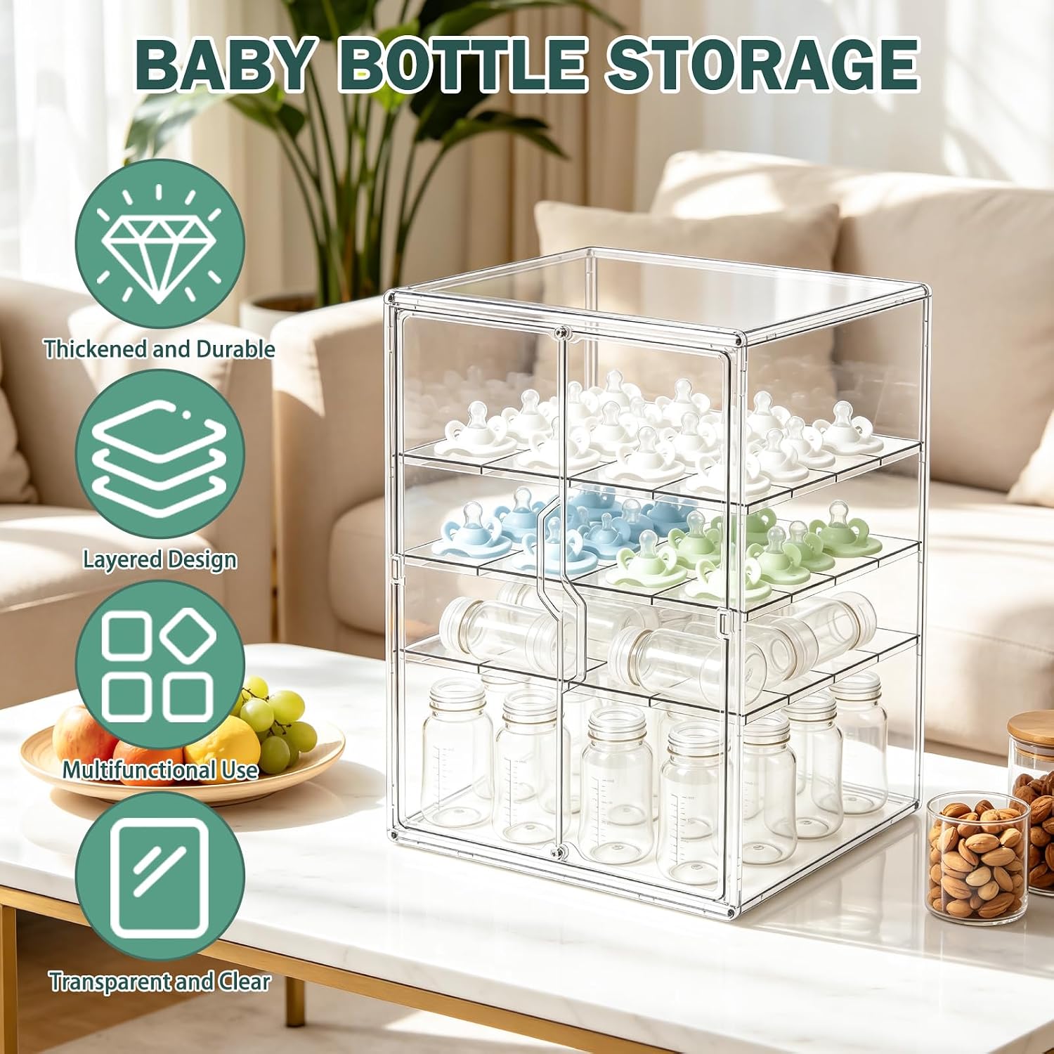 Baby Bottle Organizer, 4-Tier Large Capacity Bottle Storage for Countertop with Double Magnetic Doors, Clear Bottle Station Organizer with 3 Adjustable Dividers for Baby Pacifiers, Pump Parts