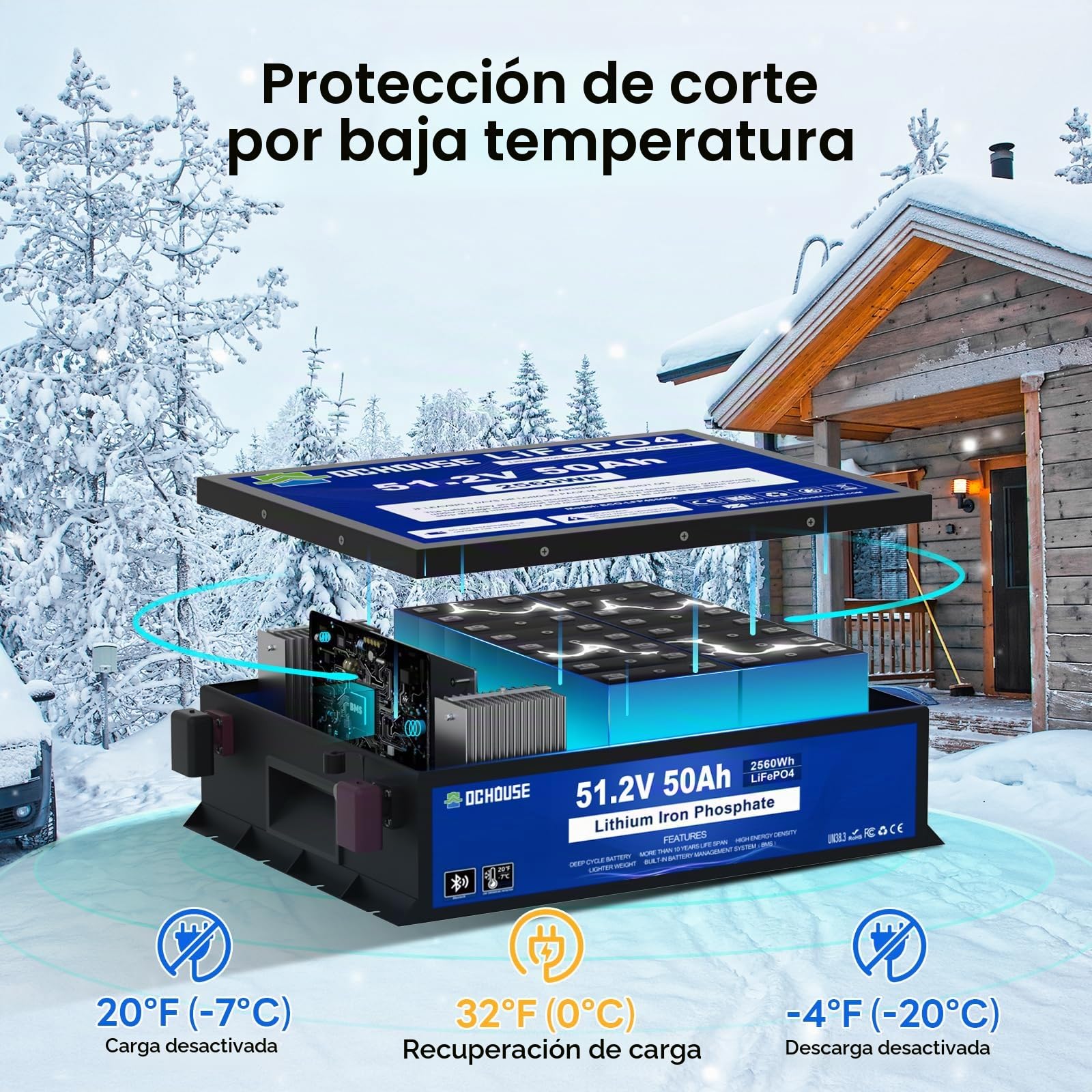 DCHOUSE Batería de Litio LiFePO4 48V 50Ah, Bluetooth Inteligente, Protección Baja Temperatura, BMS 100A, Larga Duración 4000+ Ciclos, para Carrito de Golf, Solar, Autocaravana y Off-Grid