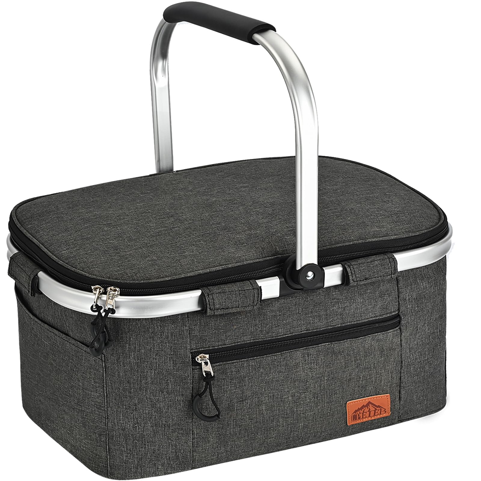 Insulated Cooler Bag Multipocket Collapsible Picnic Basket Leak-Proof Outdoor Basket for Camping Meal Delivery Shopping Travel Camping Beach Grocery Bag (Black Medium)