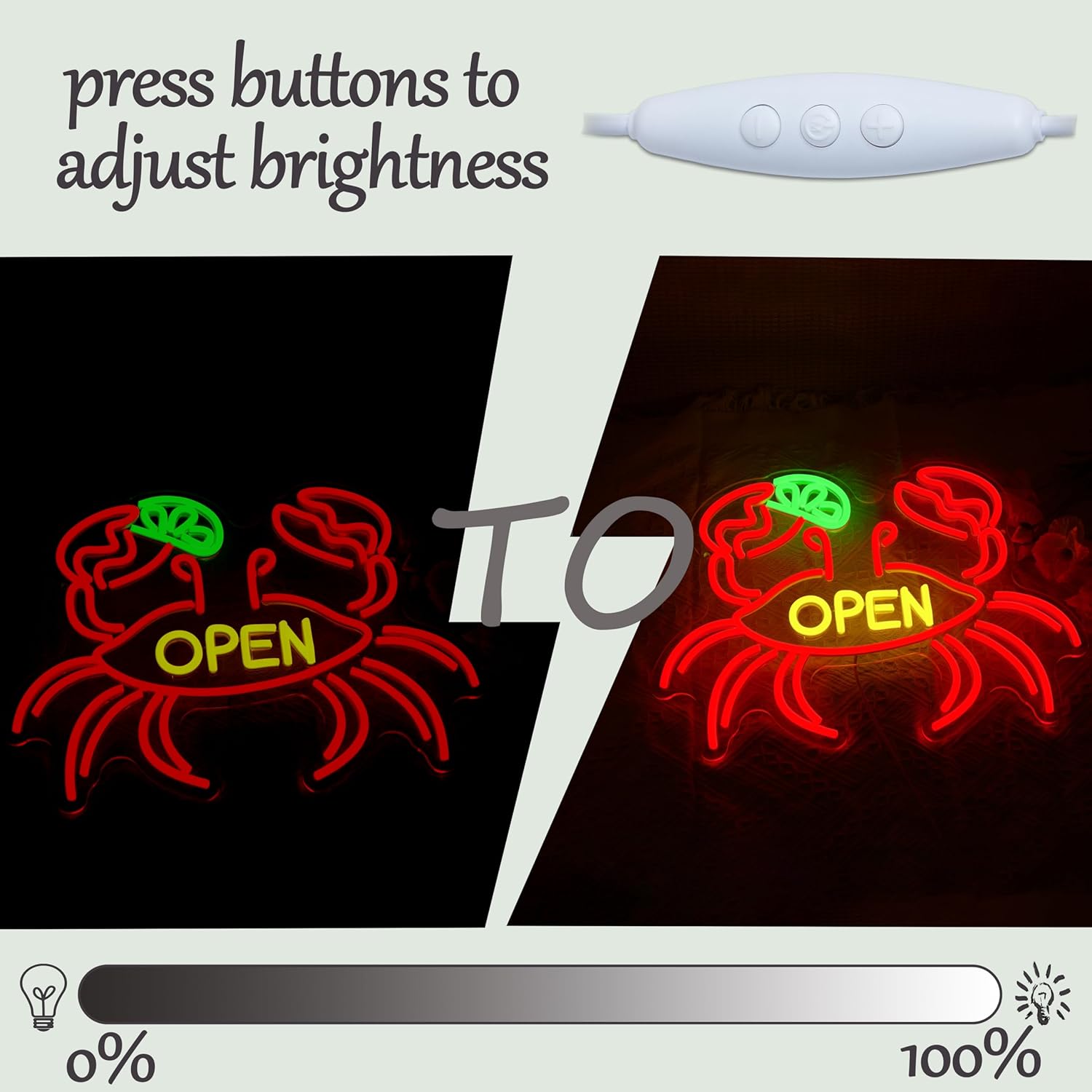 Crab Open Neon Sign for Business Decor Striking Seafood Open Neon Light Dimmable Crab Led Light Sign for Seafood Restaurant Market Food Shop Aquarium Fish Shop