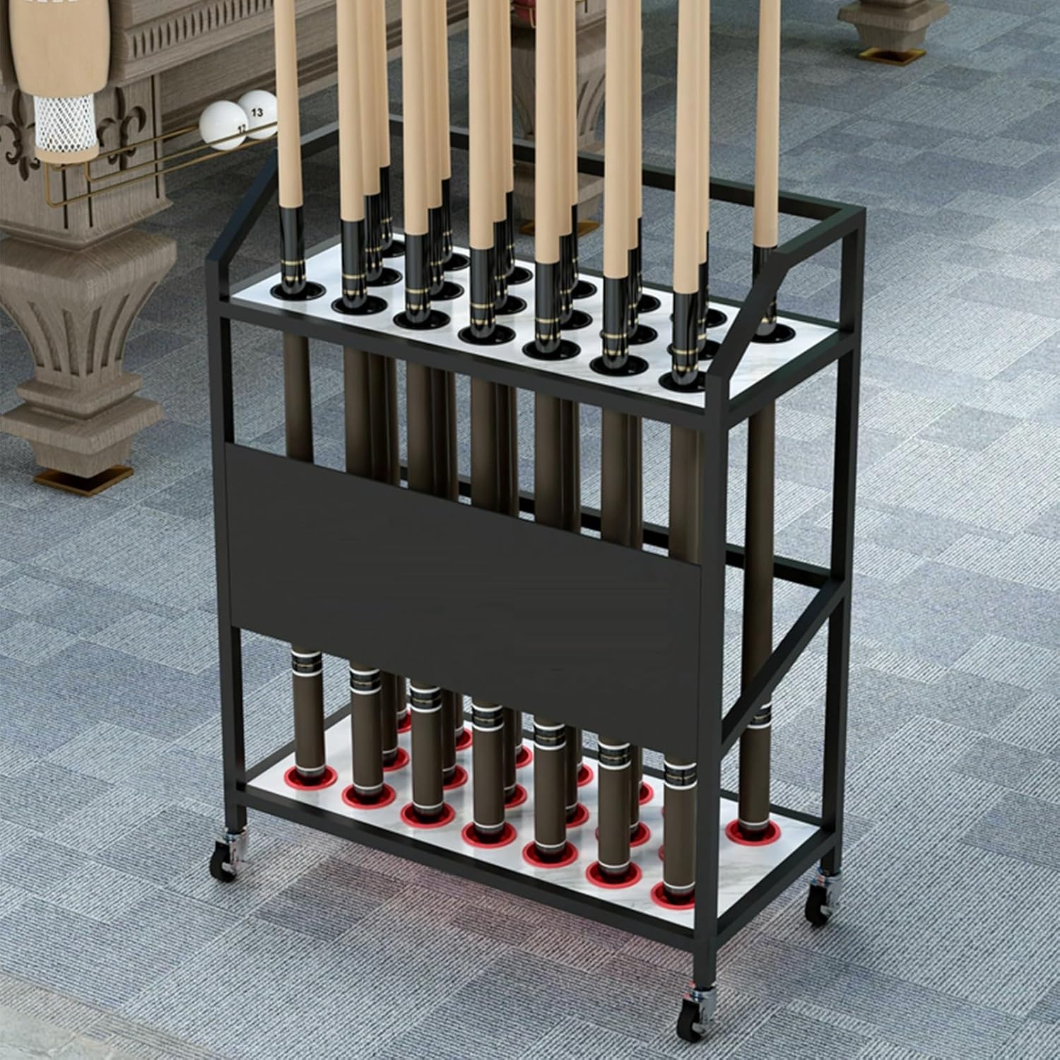 Heavy-Duty Pool Cue Stick Holder with Wheels – Organize 20 Cues, Billiard Table Accessories, Durable Storage Rack with Rubber Protection (Black)