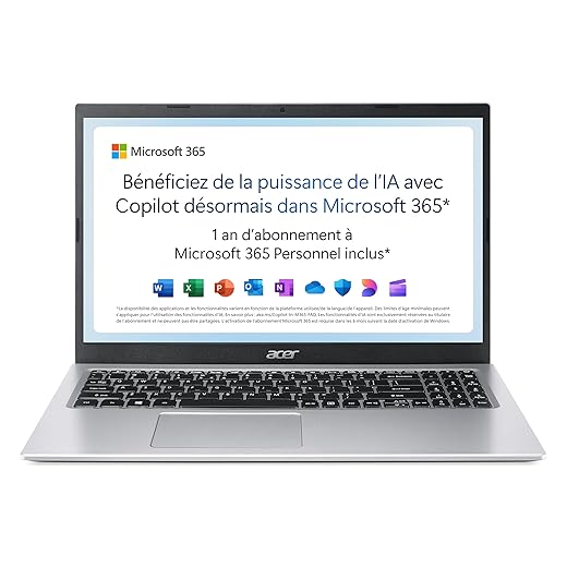 Acer Aspire 1 A115-32-C3AK Ordinateur Portable 15.6" FHD (Intel® Celeron® N4500, Ram 4 Go, 128 Go eMMC, UHD Graphic, Windows 11) - Clavier AZERTY, Laptop Gris + Microsoft 365 Personnel Inclus