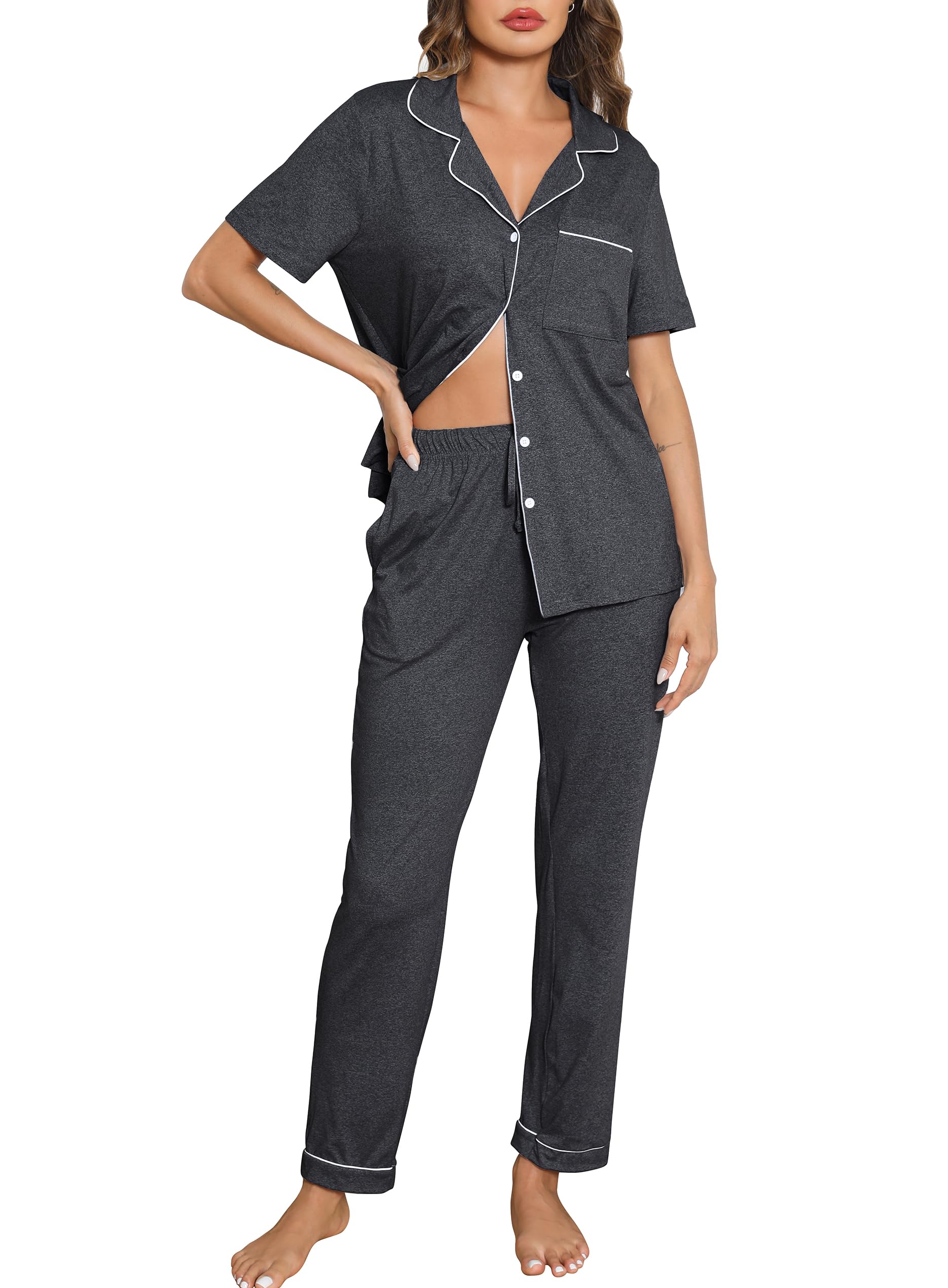 Lovasy Schlafanzug Damen Lang Kurzarm Pyjama mit Knöpfen Schlafanzüge für Damen Zweiteiliger Loungewear Set mit Taschen und Kordelzug