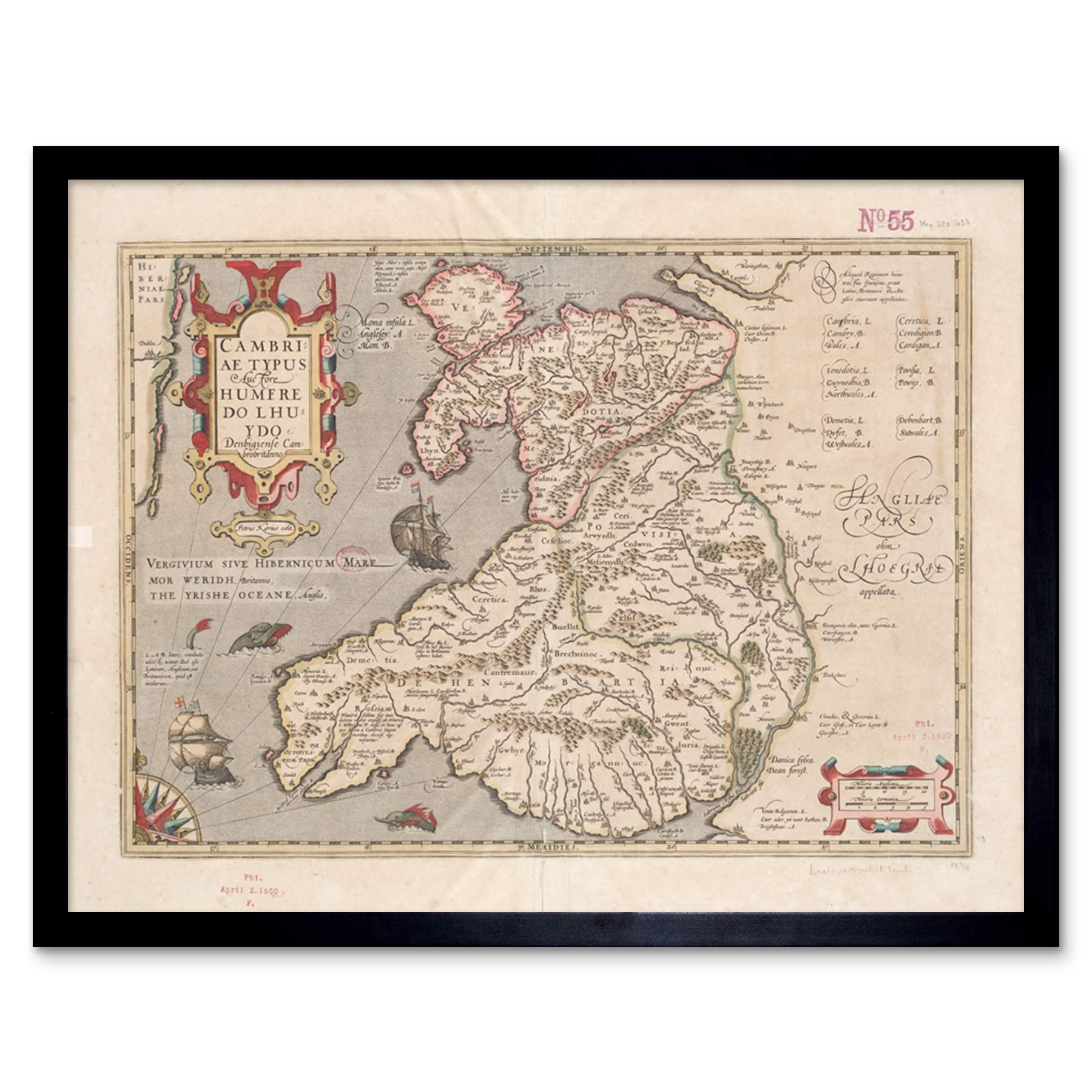 Artery8 Hondius 1633 Welsh Map Framed Art Print Beige 12x16"