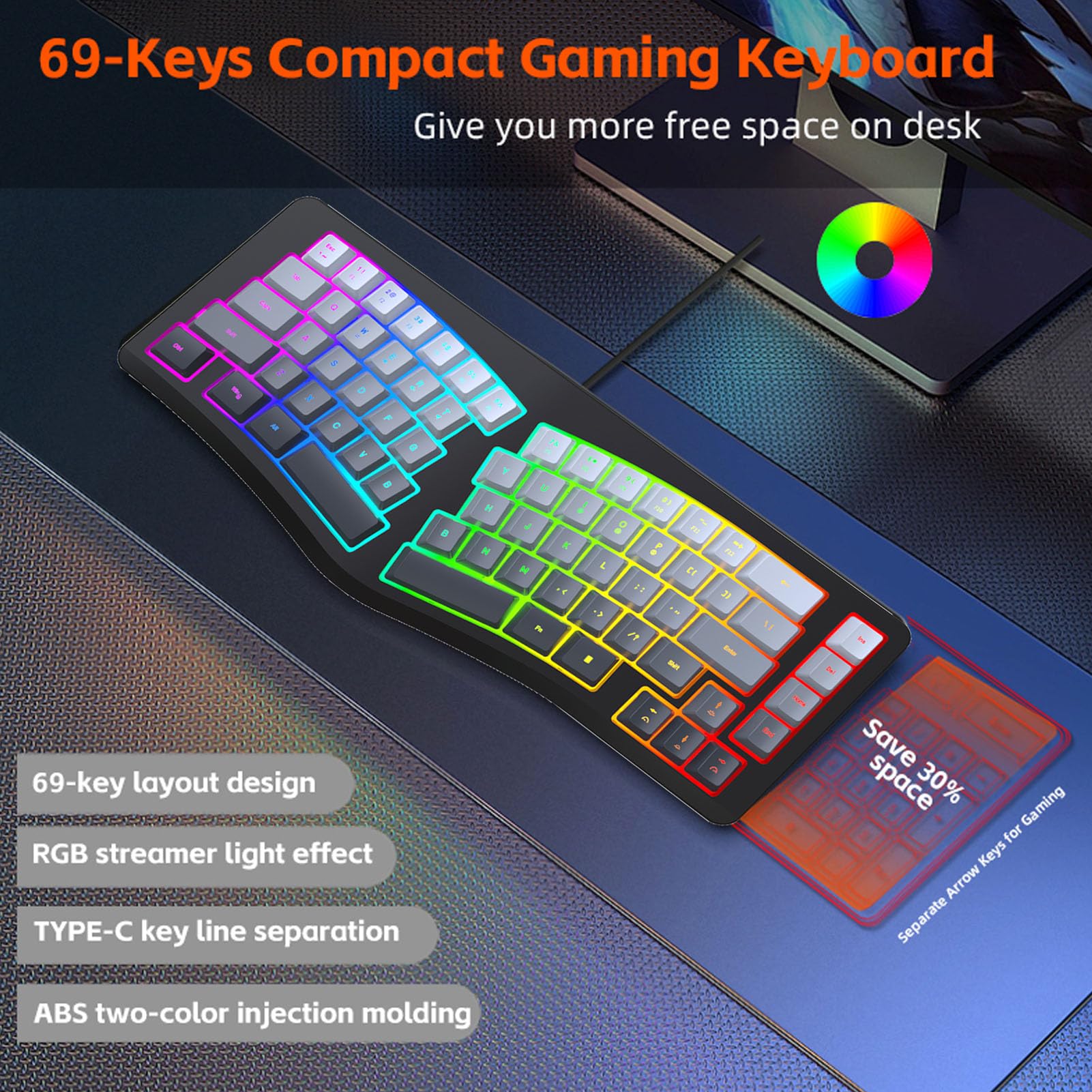 Amazon | VBESTLIFE 有線人間工学キーボード、カラフルな RGB バック