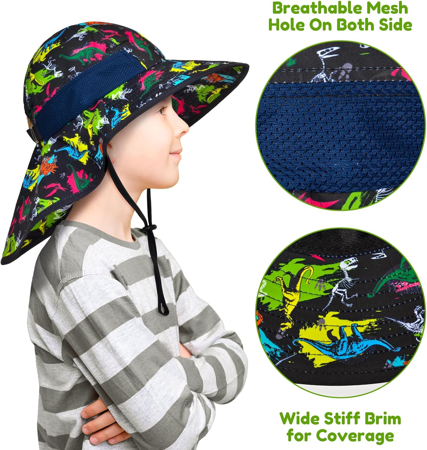 Kids Sun Hat Anti-UV Girls Boys Wide Brim Neck Flap UPF 50+ Sun Protection Beach Hat with Adjustable Chin Strap Ages 2-9 - Image 3