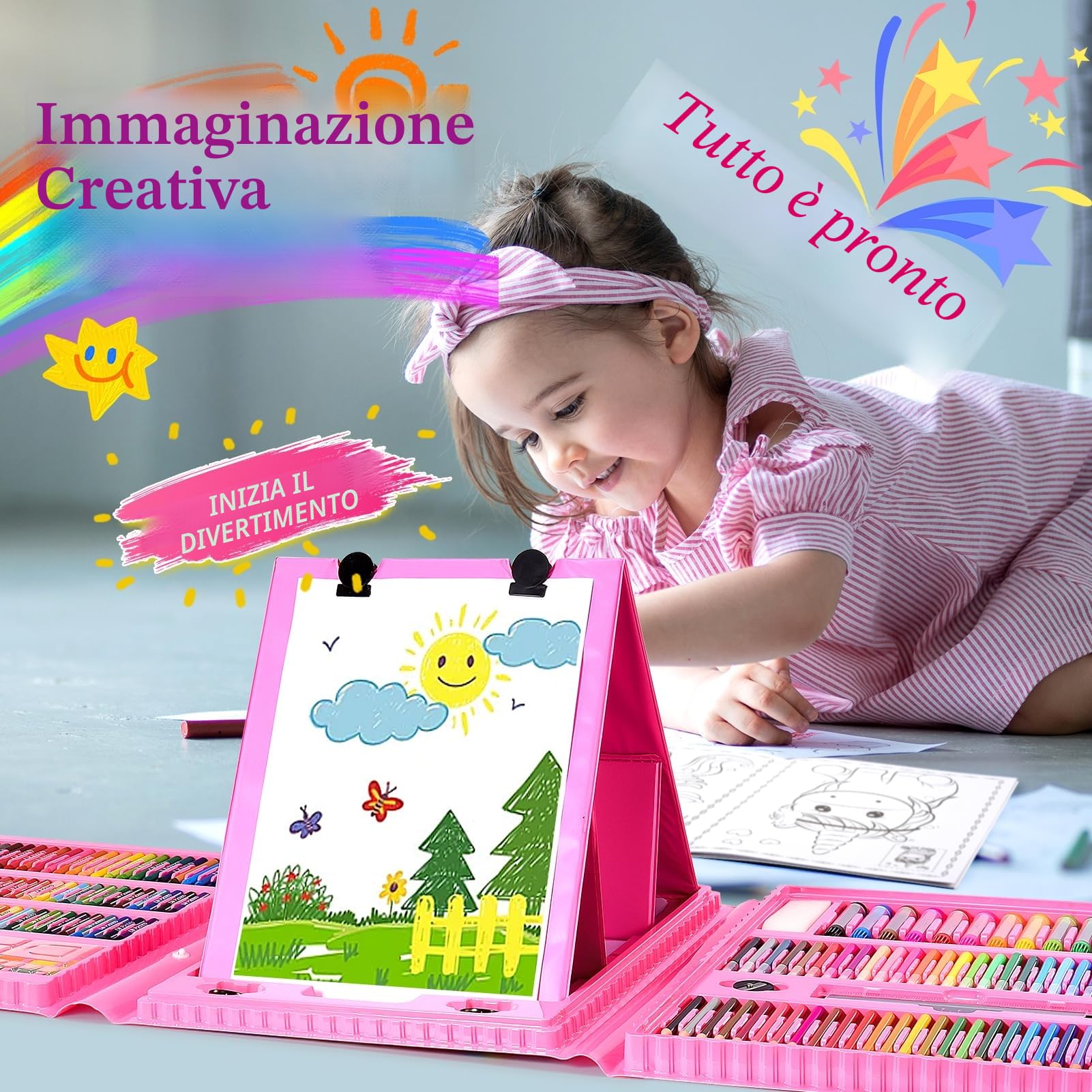 HappyGoLucky 208 Kit Colori per Bambini, Matite Colorate Pastelli a Cera Acquerelli Pastelli a Olio, Regalo Bambina 3-10 anni