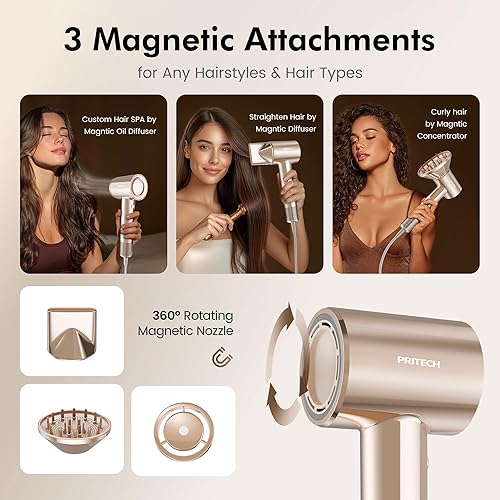 Miniatura 6 de PRITECH Secador de pelo iónico de alta velocidad con difusor, iones negativos de 656.2 ft con secador de pelo dorado con infusión de aceite, motor