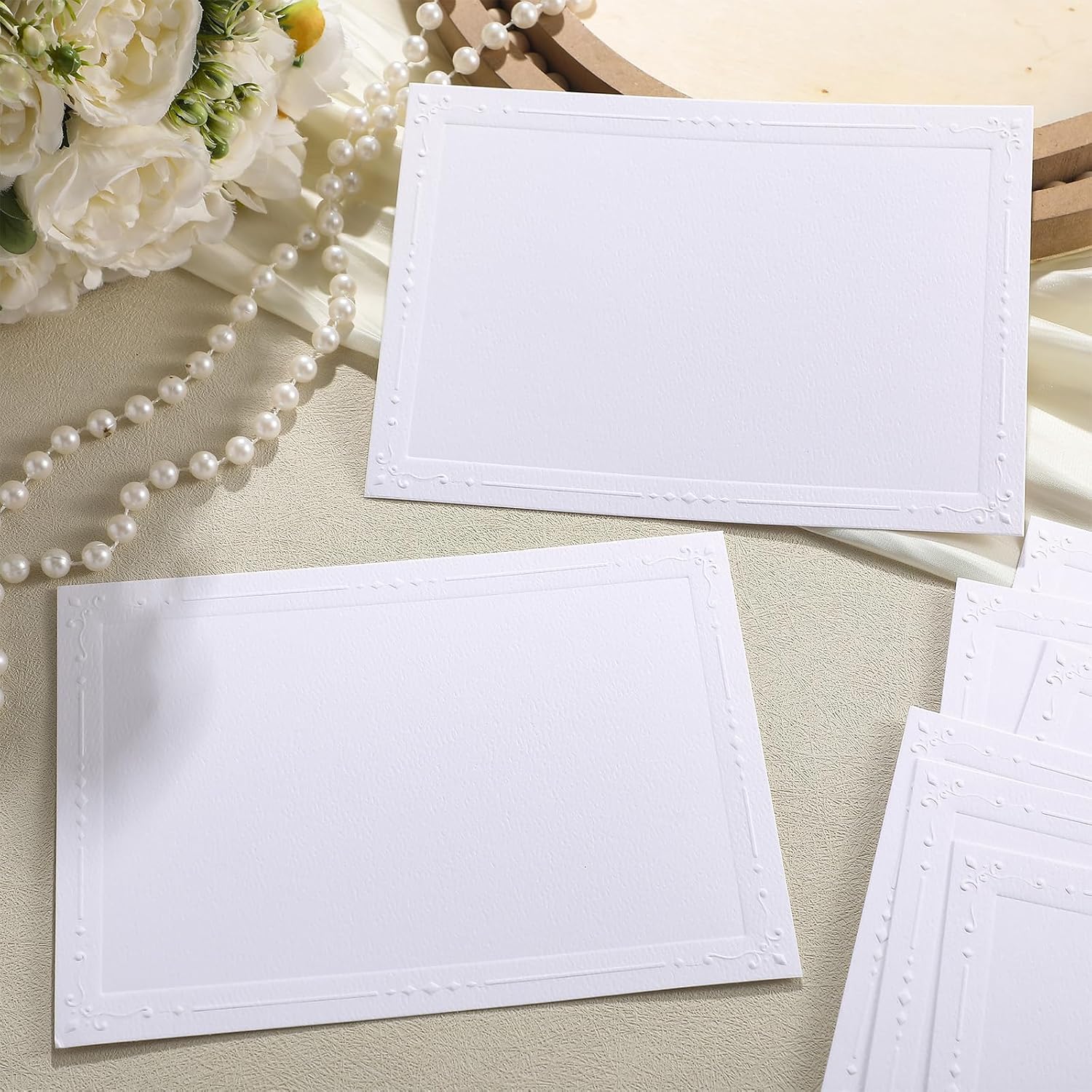 Motiskyy 50 Pack Embossed Photo Mount Cards with Decorative Border Envelopes Accommodate 4 x 6 Inches Embossed White Blank Photo Mount Cards for Weddings Events Birthdays Party Favor image 3