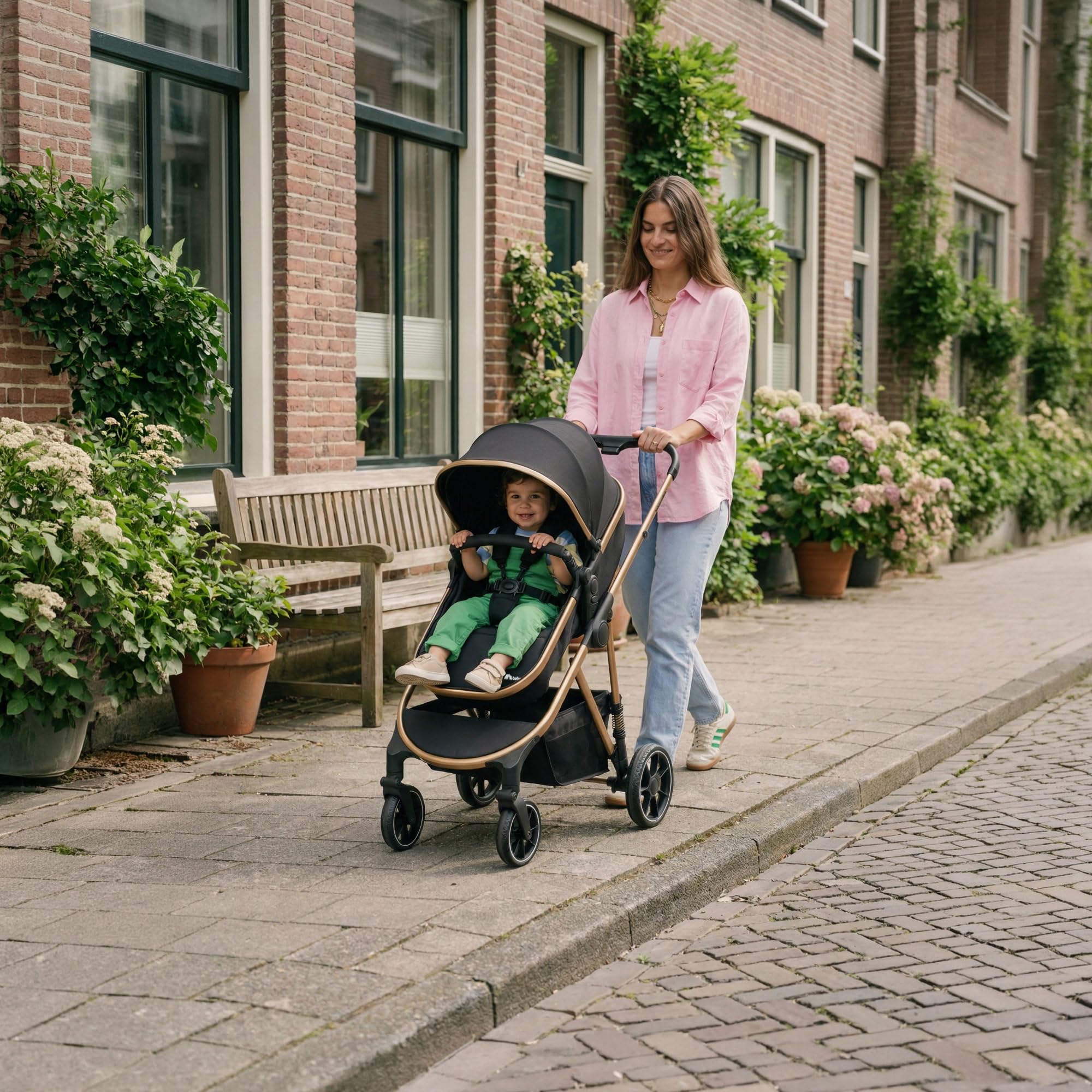 Bebeconfort Zaria Trio, Poussette Trio avec Accessoires, 0-22 kg, Noir/Or | Poussette 3 en 1 avec Siège Auto Bébé, Siège Réversible et Inclinable 2-en-1, Suspension aux 4 Roues, Panier 5 kg