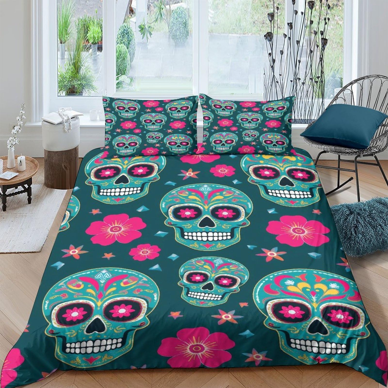 Ctjqhvkz Style-8 3D Printed Sugar Skull Fitted Sheet Microfiber Soft Breathable Floral Mattress Cover For Bedroom Guest Room Decor Single（135X200cm）