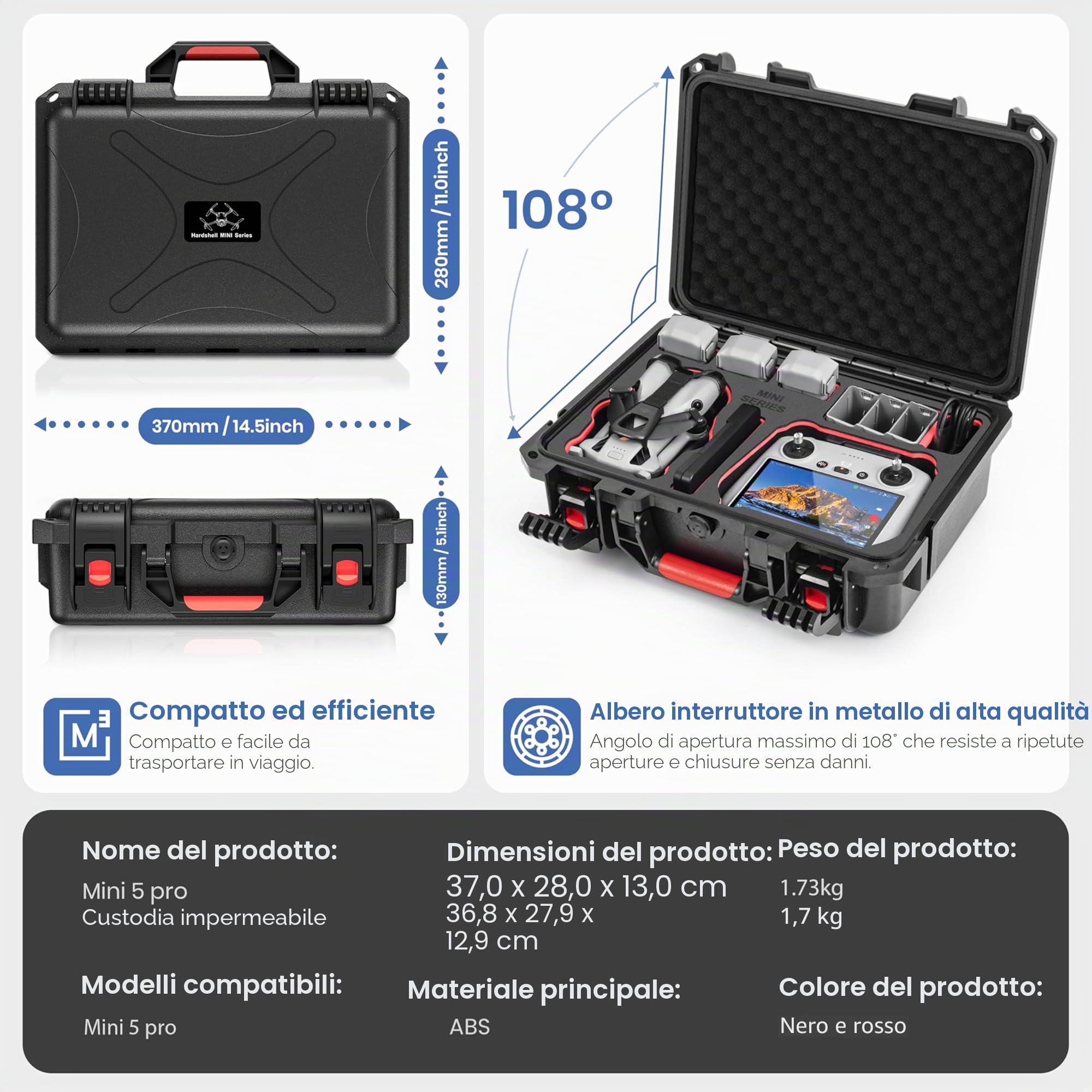 STARTRC Mini 5 Pro Custodia, impermeabile custodia rigida per DJI Mini 5 Pro Fly More Combo accessori controller per DJI RC 2/RC-N3, 7 batterie e hub caricabatterie [Solo valigia]