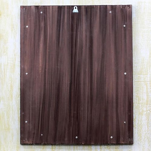 Miniatura 2 de NOVICA Espejo de pared de cobre niquelado del marco de madera de Brown Repousse, Tranquility'