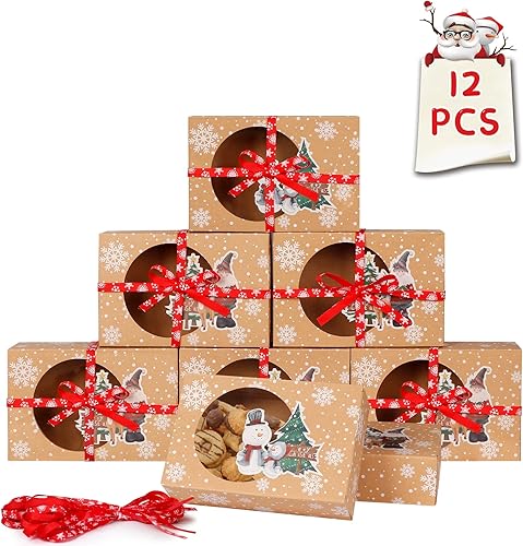 OurWarm 12 cajas de regalo de galletas de Navidad con ventana transparente, papel aceitoso y cintas para regalar y suministros de fiesta de Navidad